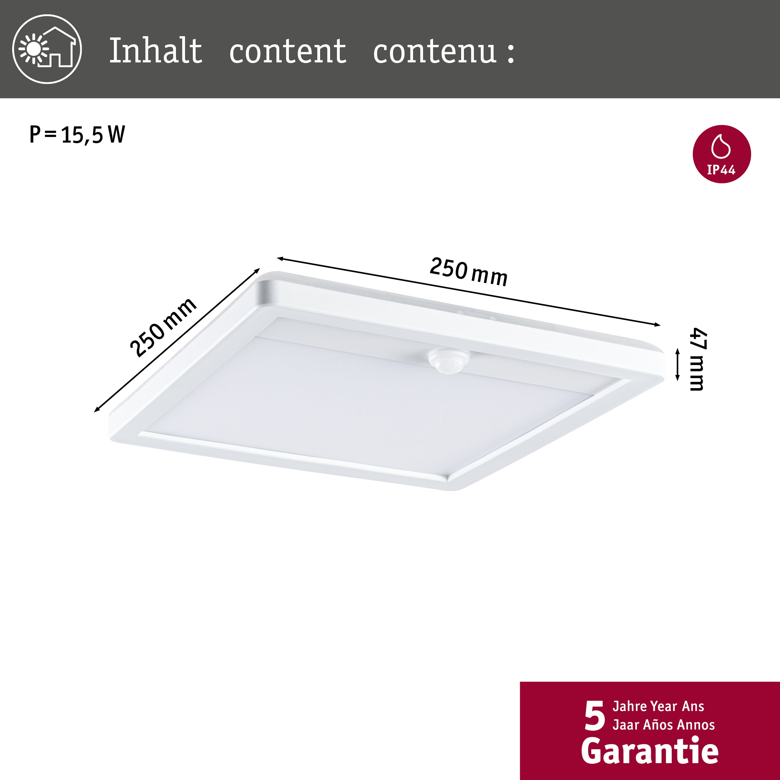Kwadratowa biała lampa sufitowa LED 250x250x47 mm, 15.5W, IP44 i 5 lat gwarancji.