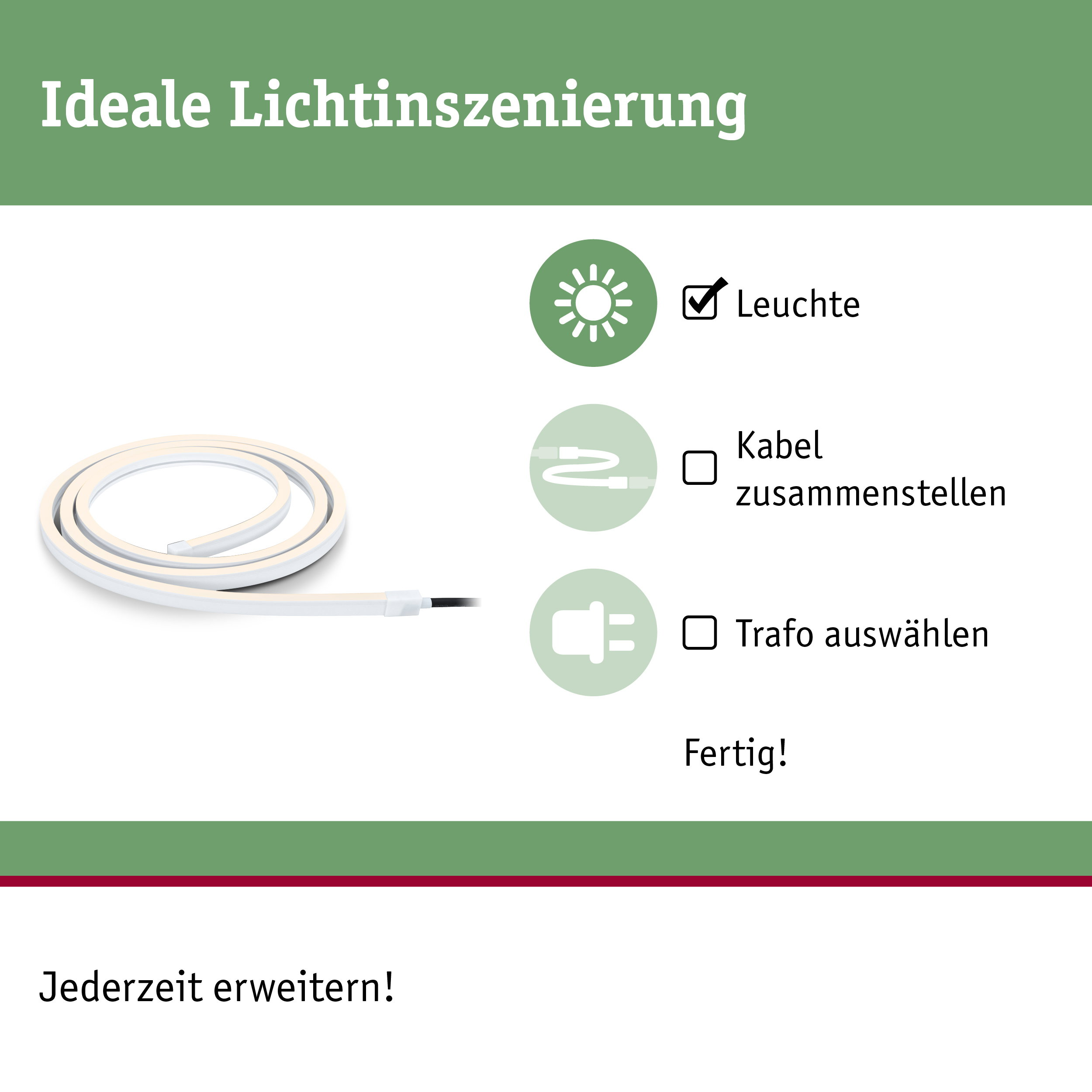 Anleitung zur LED-Leuchtmontage mit Schritten für Leuchte, Kabel und Trafo auf grünem Hintergrund.