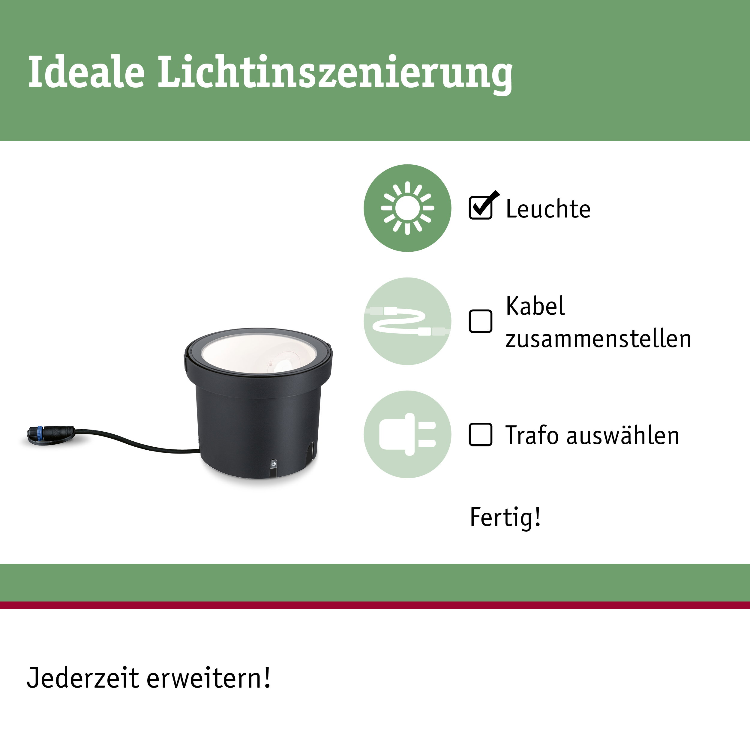 Anleitung zur Installation einer Außenleuchte mit Schritten für Leuchte, Kabel und Trafo.