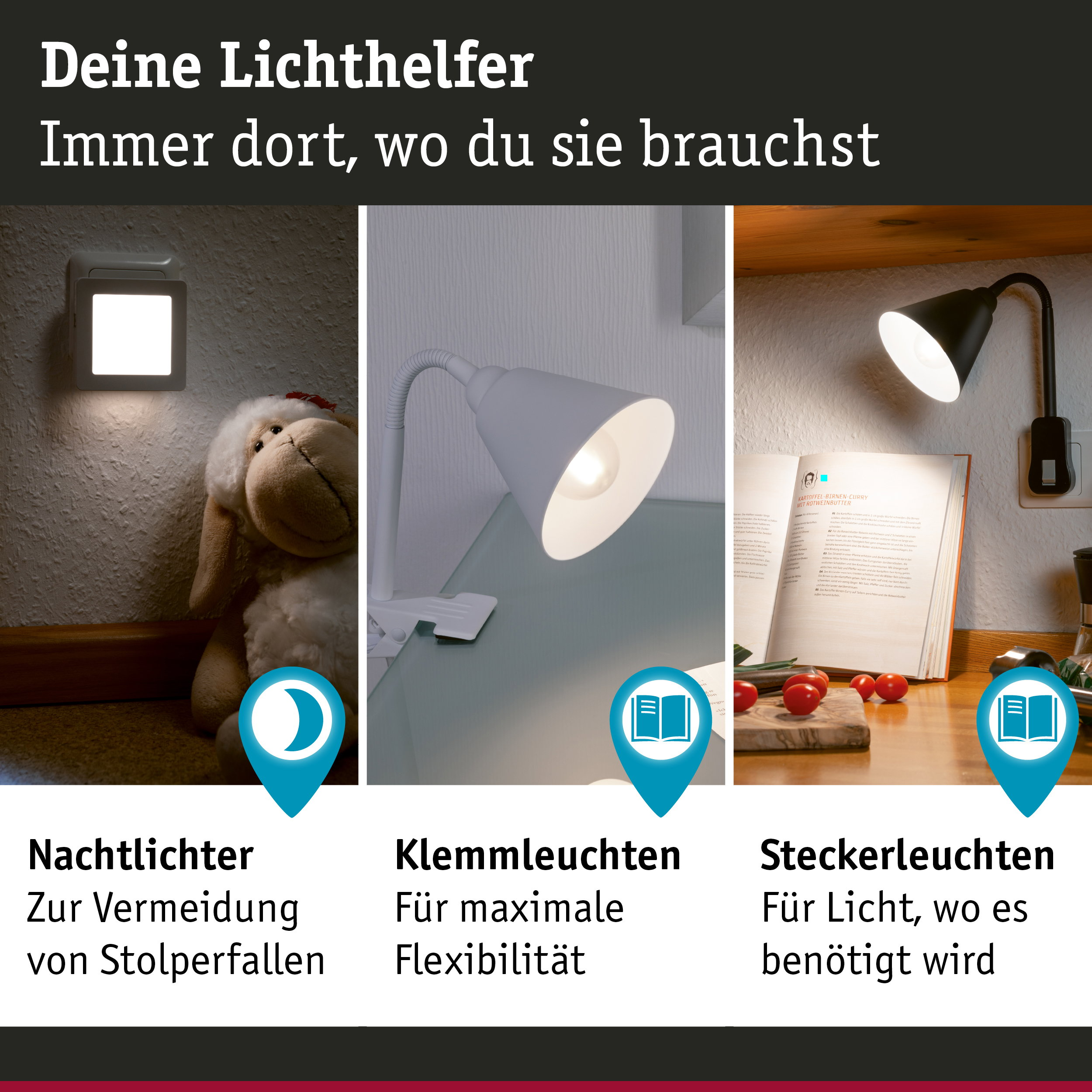 Werbebild für LED-Lampen: Nachtlichter, Klemmleuchten und Steckerleuchten mit deutschen Texten.