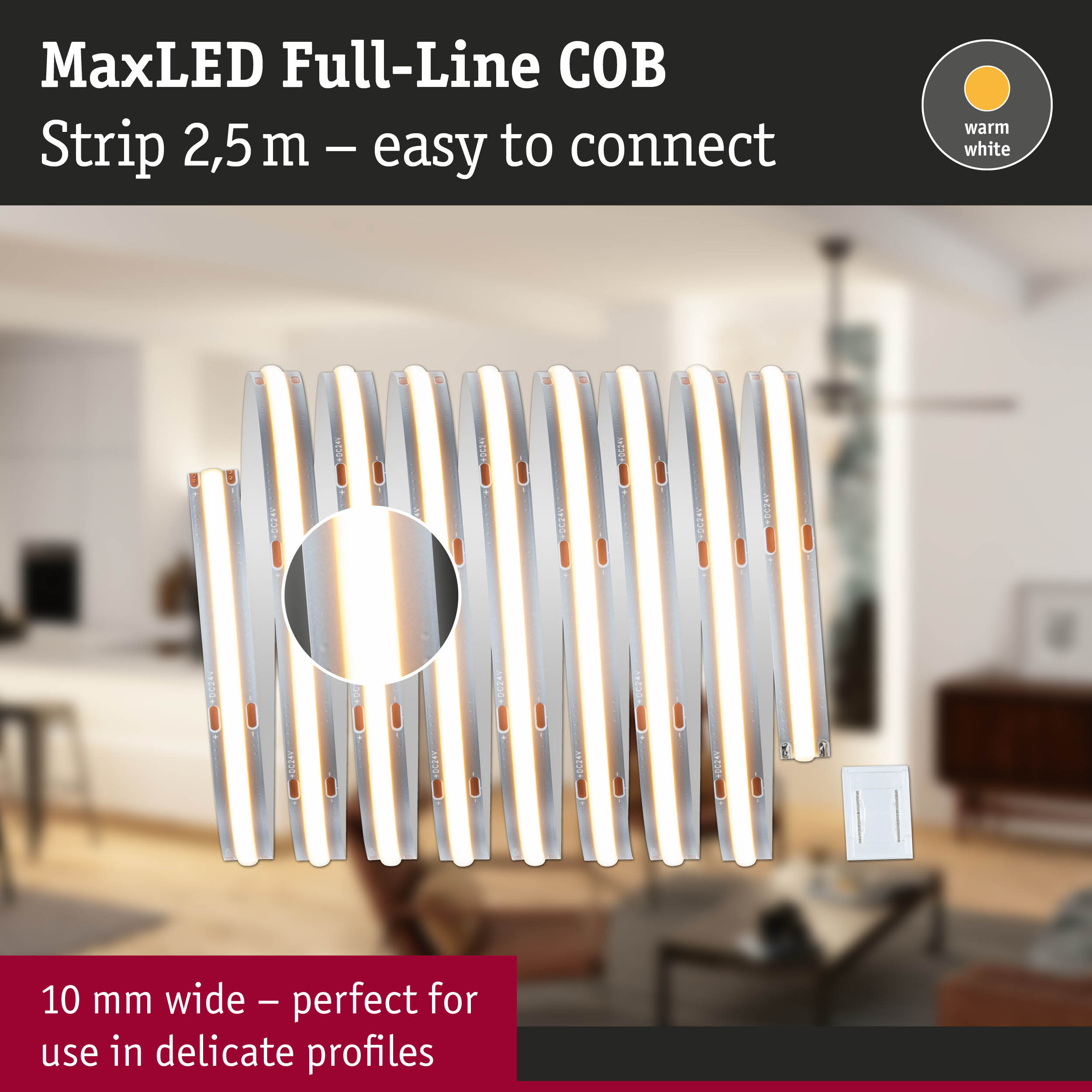 Taśma LED MaxLED COB na rozmytym tle salonu z tekstem.
