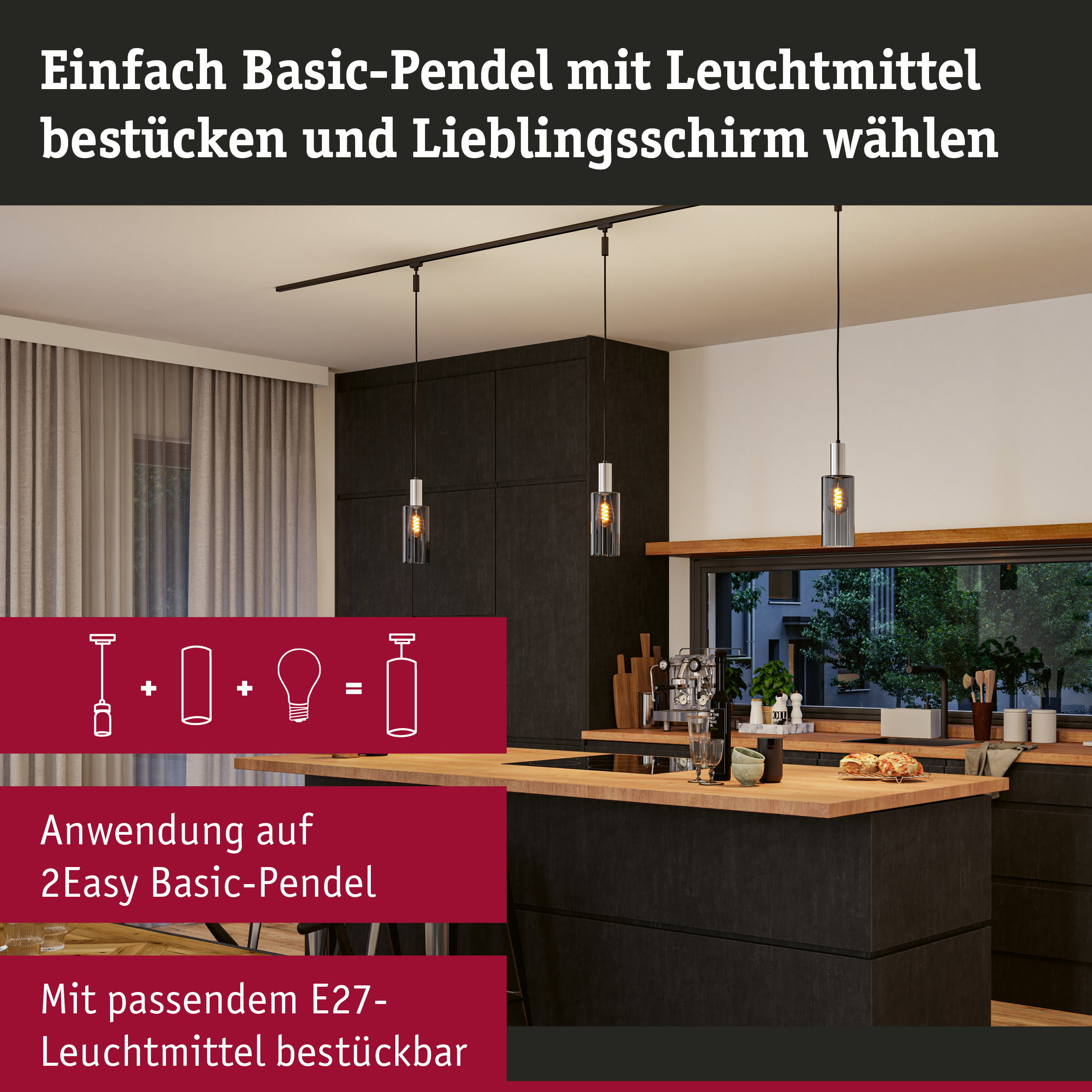 Moderne Küche mit dunklen Schränken und drei hängenden Pendelleuchten über der Holzinsel.