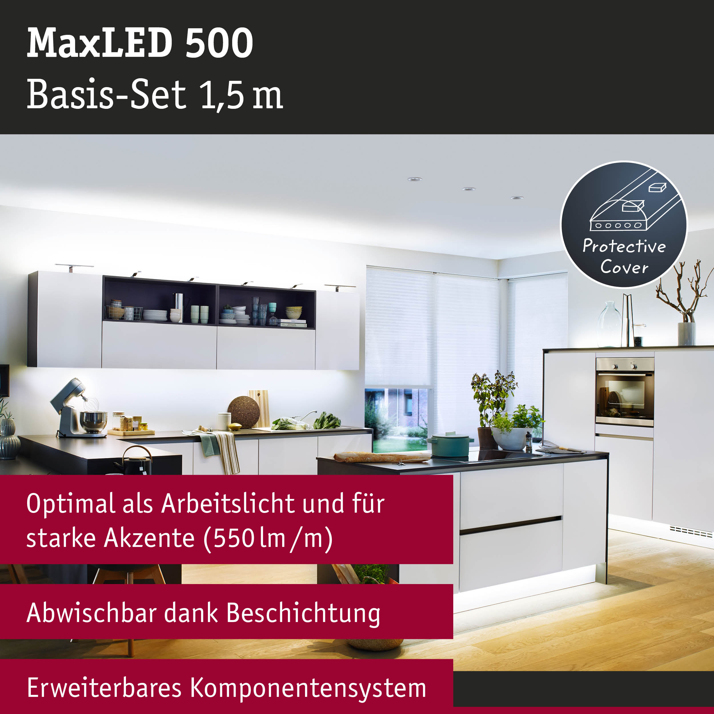 Moderne Küche mit integrierter, heller LED-Unterbau- und Sockelbeleuchtung.