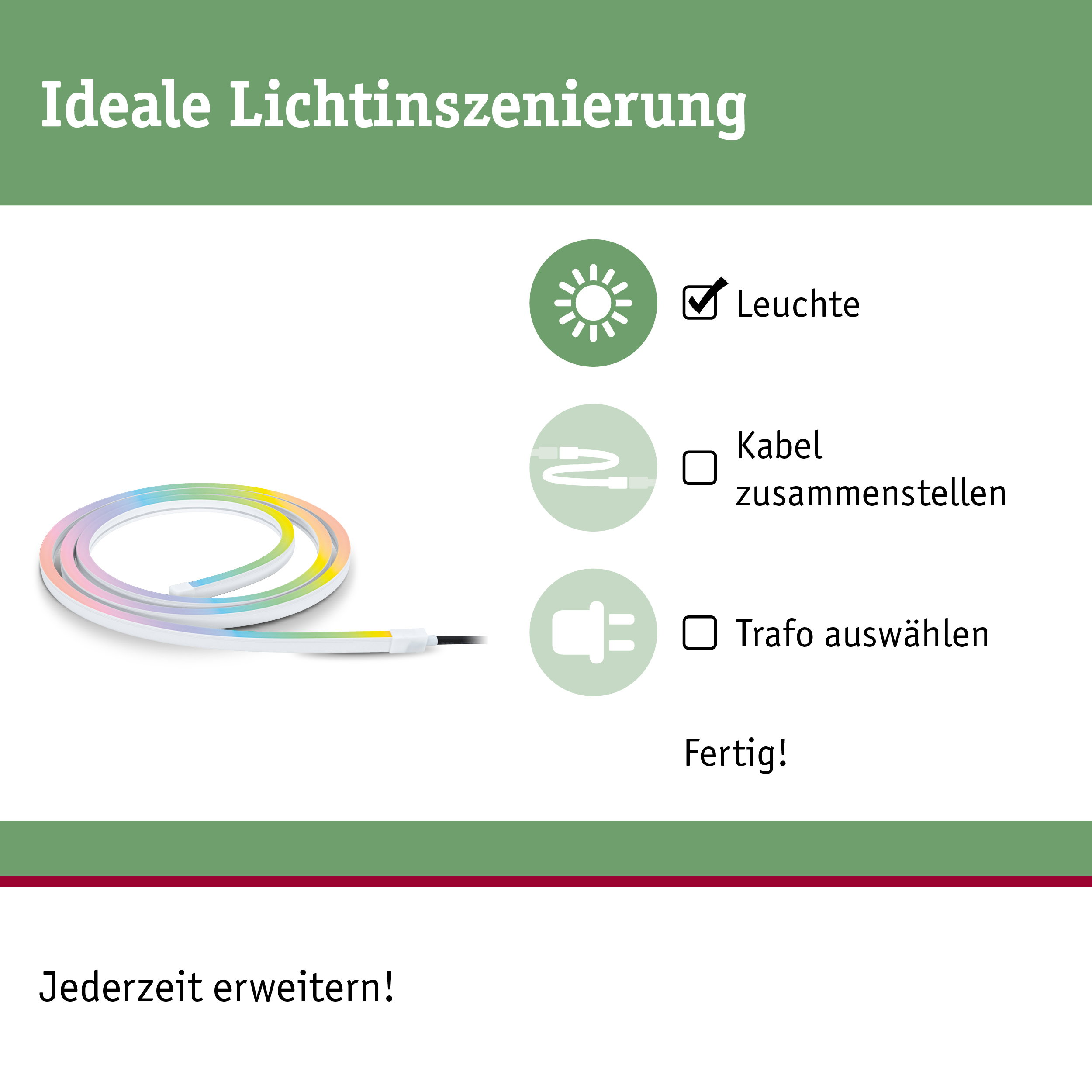 Infografik zeigt Schritte zur LED-Lichtinstallation mit LED-Streifen und Symbolen.