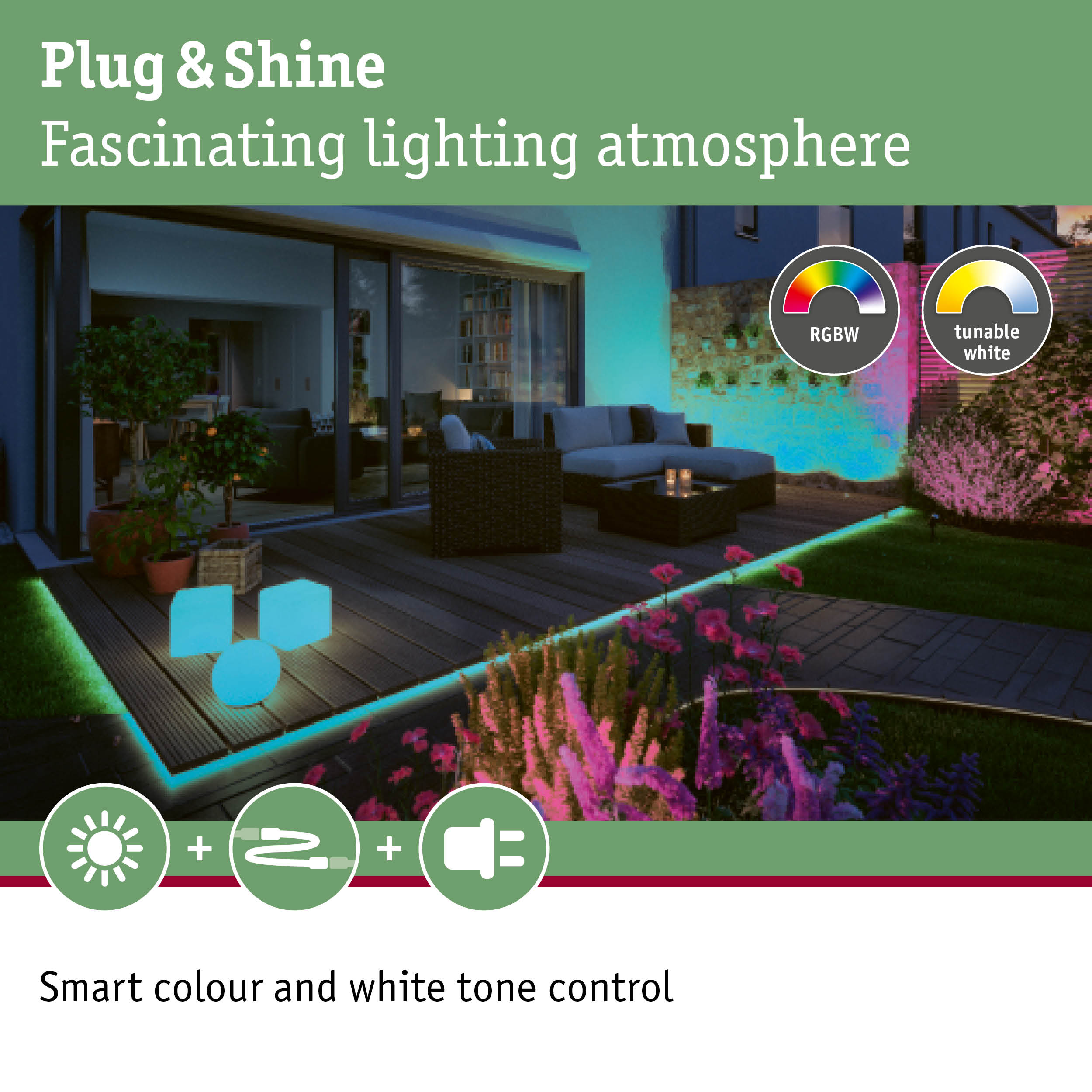 Beleuchtete Holzterrasse mit bunten Gartenleuchten, Gartenmöbeln und Text über Plug and Shine Beleuchtung.