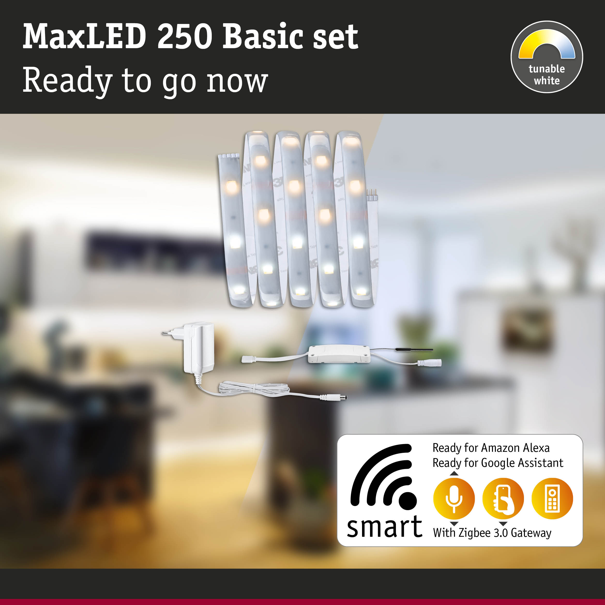Zestaw podstawowy MaxLED 250, paski LED, zasilacz i sterownik na rozmytym tle kuchni.