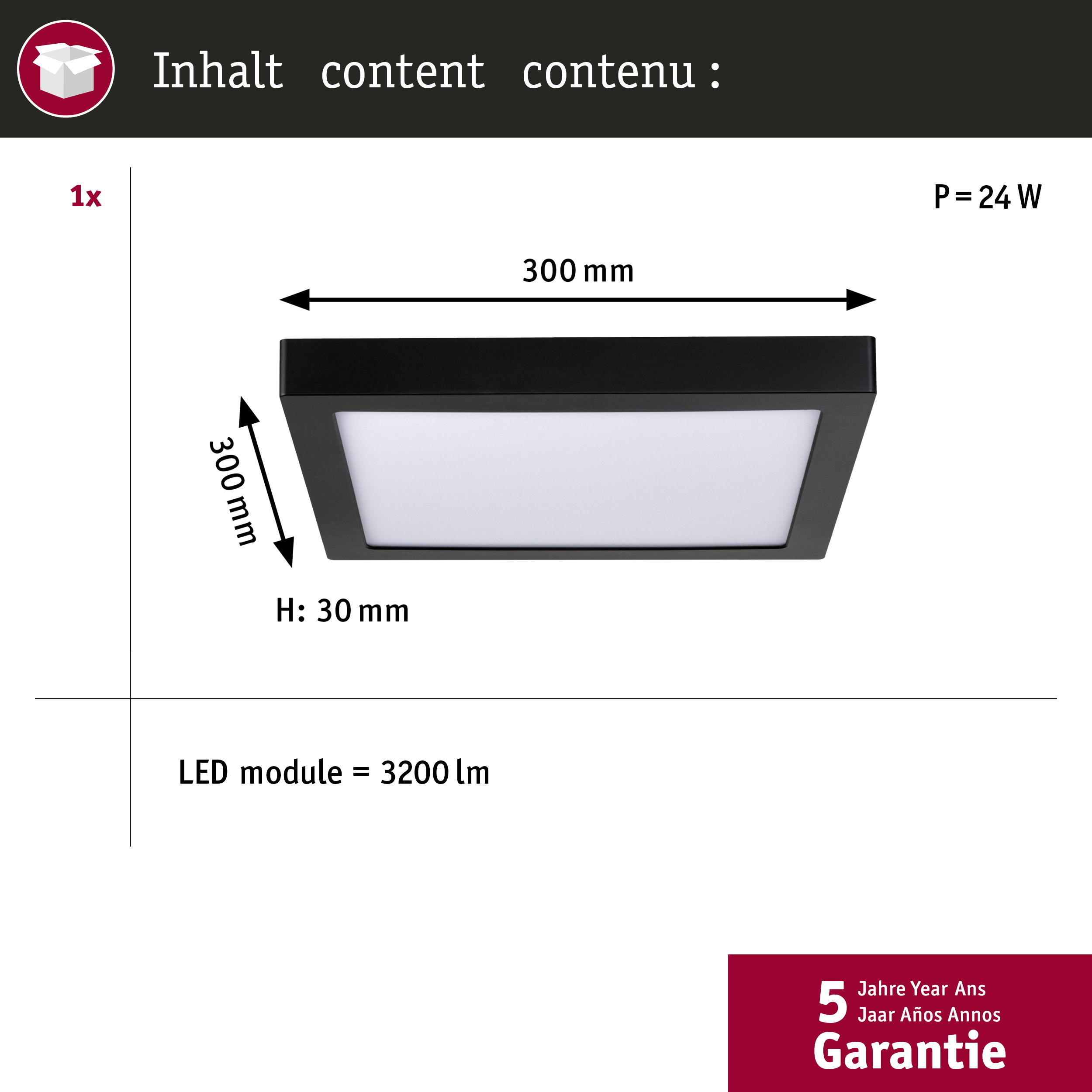 Disegno tecnico di una plafoniera LED nera quadrata con dimensioni 300x300x30mm, 24W e 3200lm.