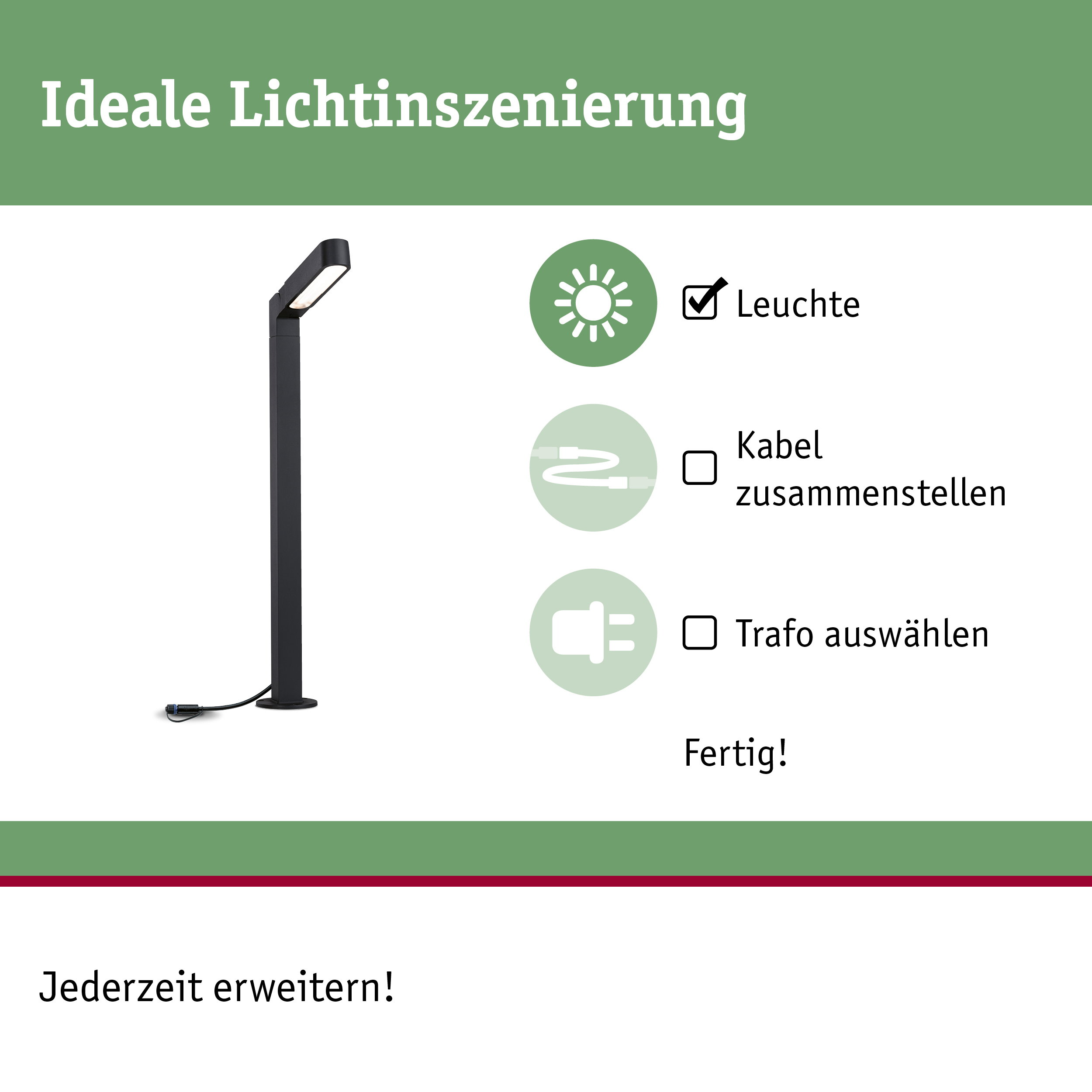 Anleitung zur Installation einer Außenleuchte mit drei Schritten: Leuchte, Kabel und Trafo.