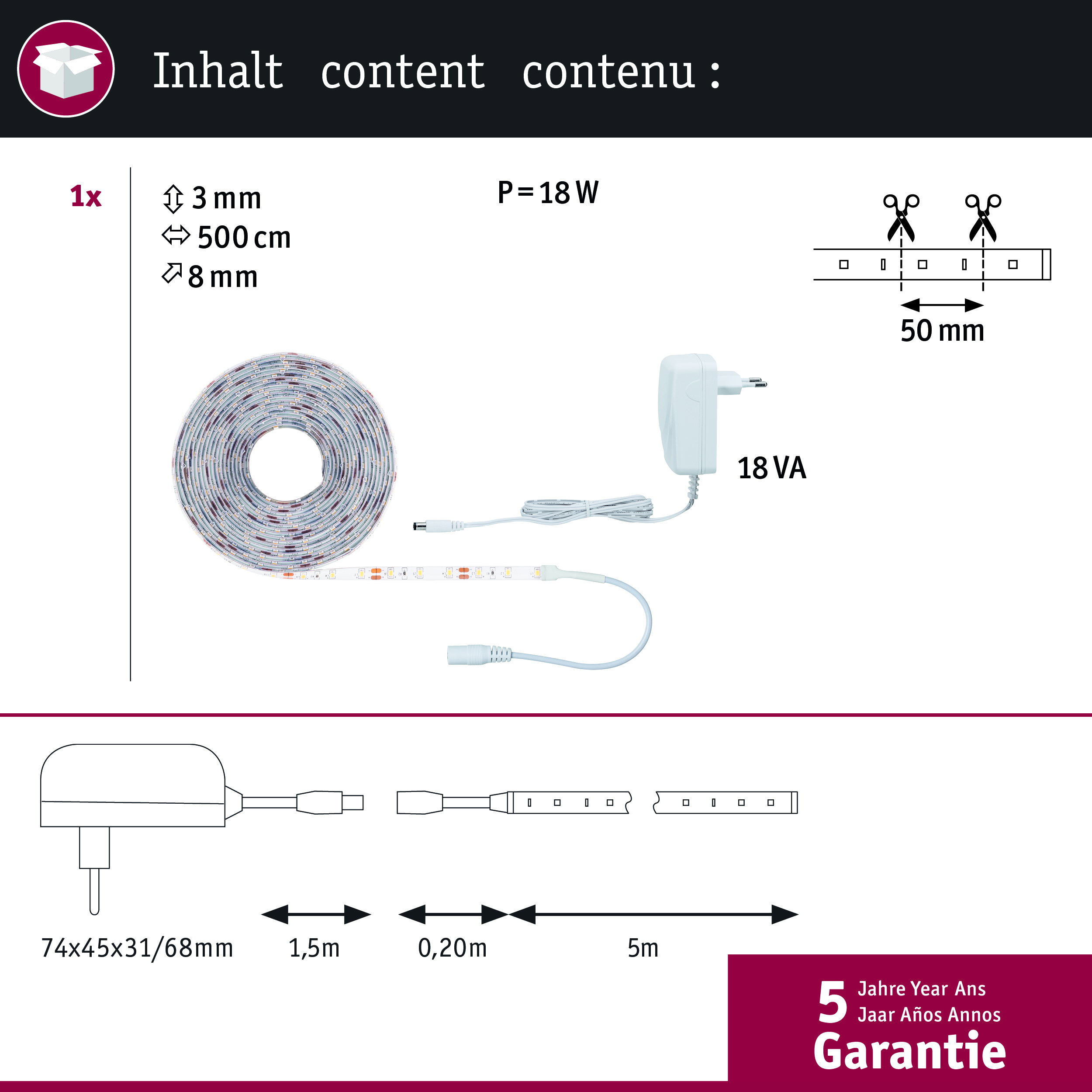 Produktinhalt: 5m LED-Streifen, 18W Netzteil, Maße und technische Details mit 5 Jahren Garantie.