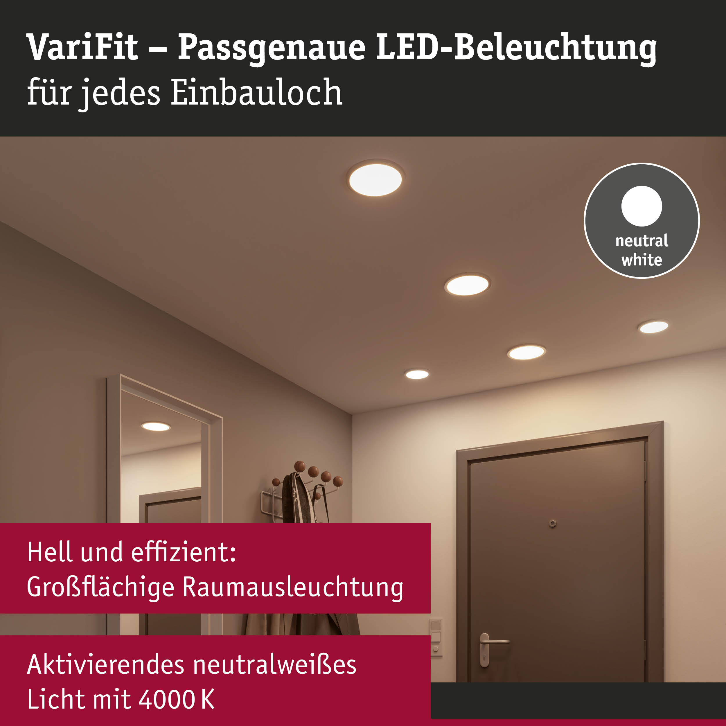 Moderne LED-Einbaustrahler an einer Decke in einem Flur mit Tür.