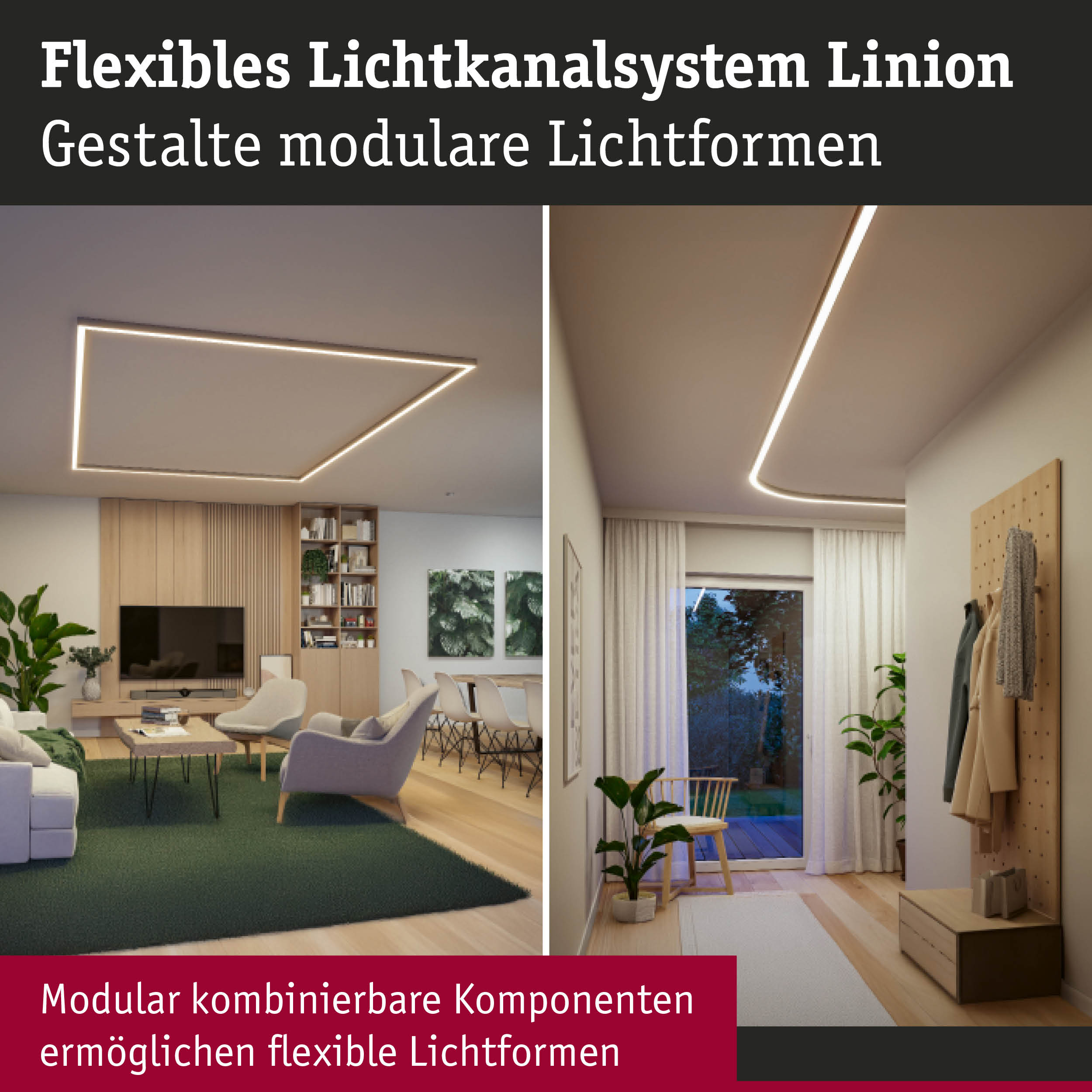 Modulare LED-Lichtkanäle in einer modernen Wohnzimmer- und Flurumgebung.