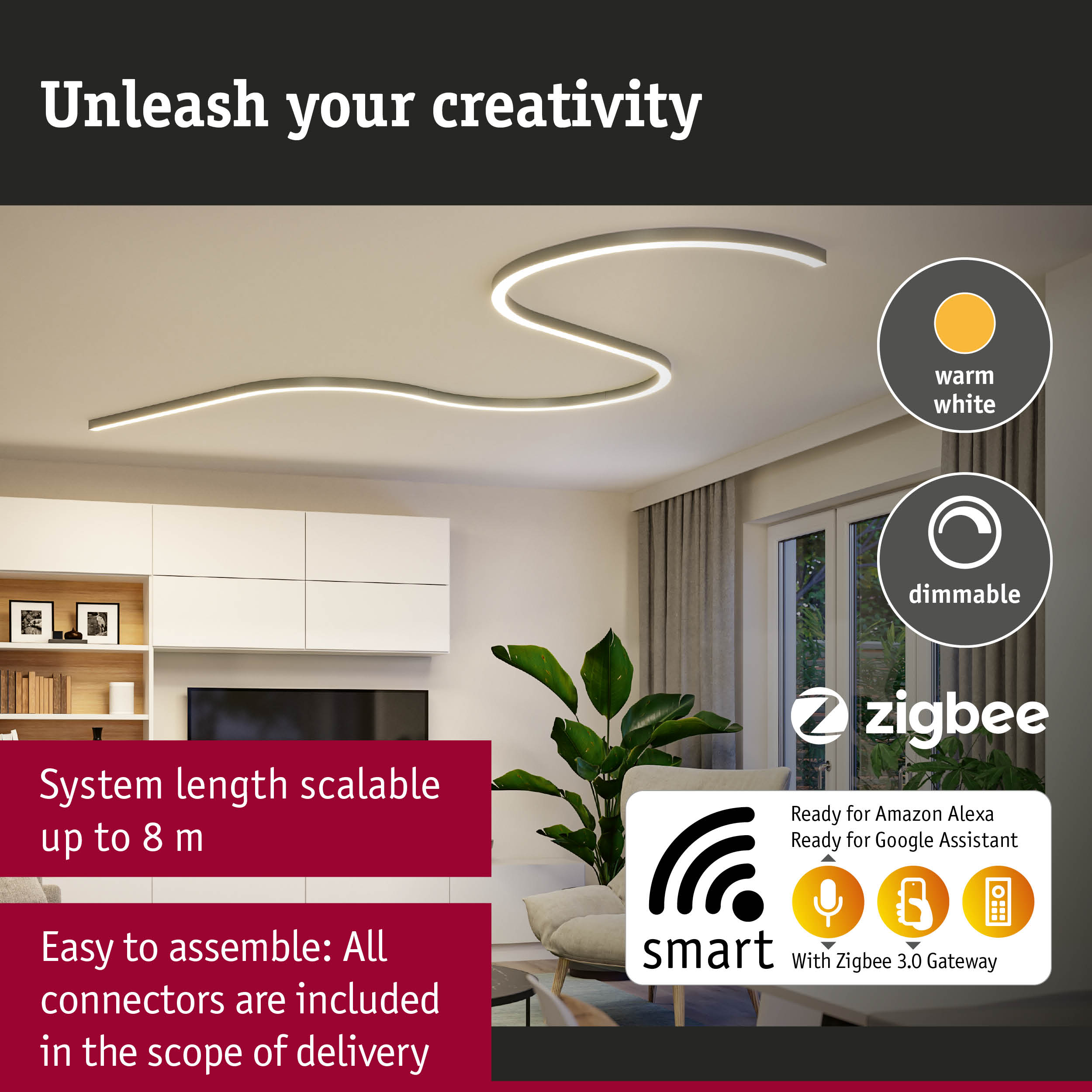 Ein modernes Wohnzimmer mit wellenförmiger LED-Deckenleuchte und Texten zu Smart-Funktionen und Skalierbarkeit.