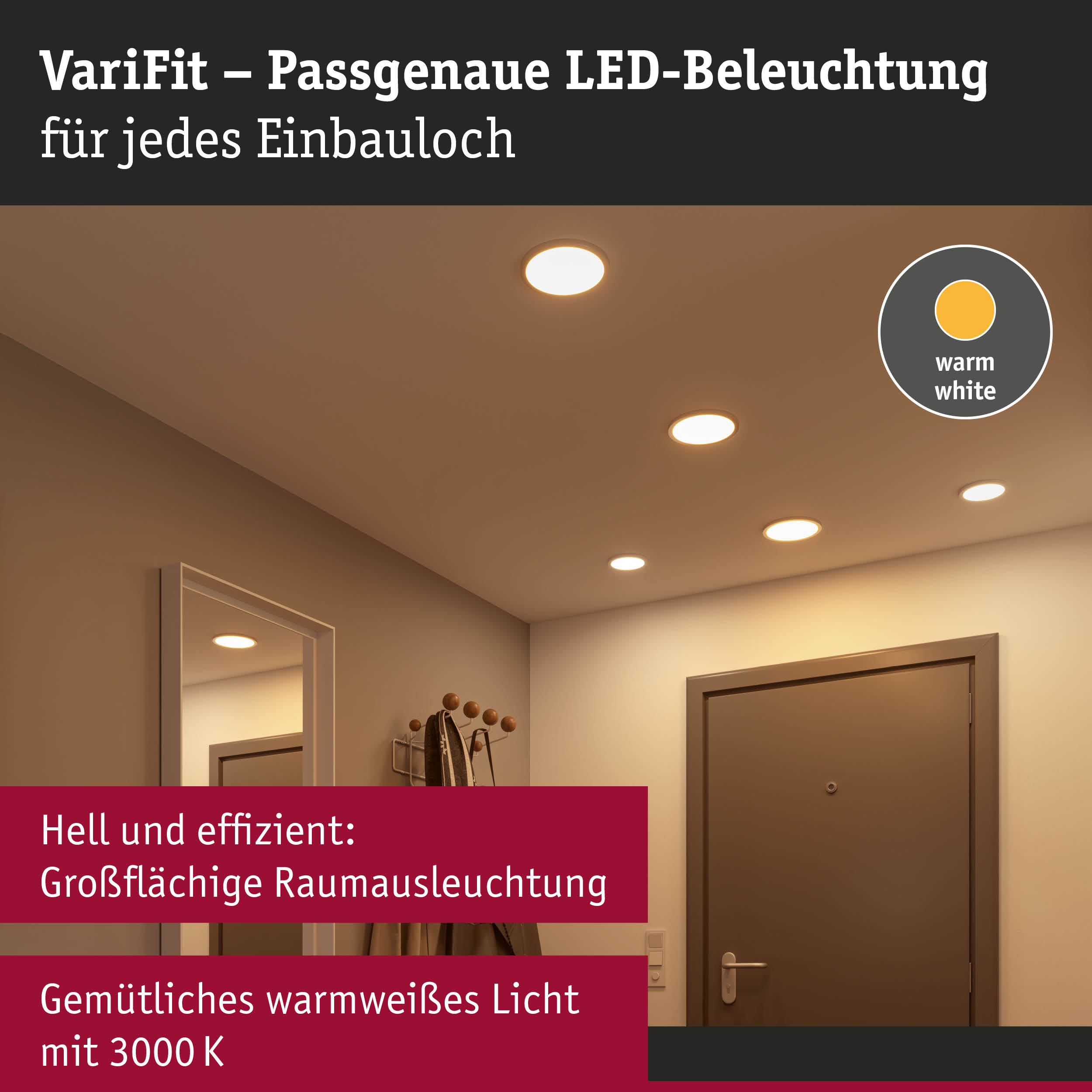 Flurbeleuchtung mit runden LED-Einbauleuchten an der Decke und Text darüber.