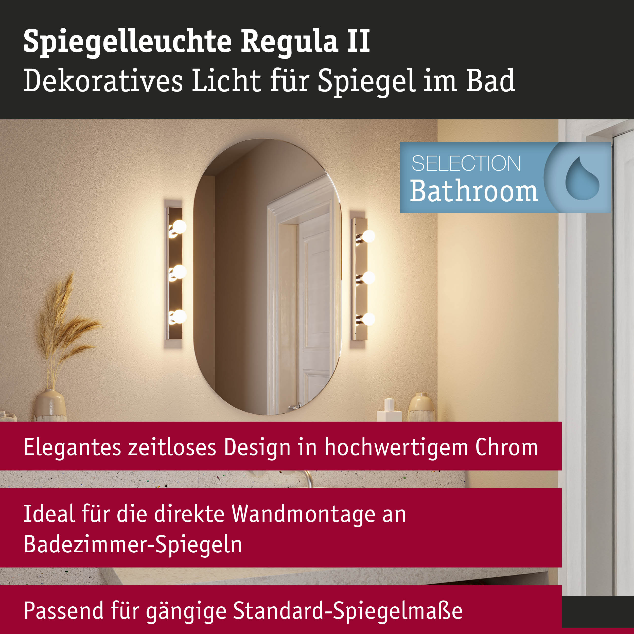 Anzeige für Spiegelleuchte Regula II mit ovalem Spiegel, Lichtern und deutscher Produktbeschreibung.