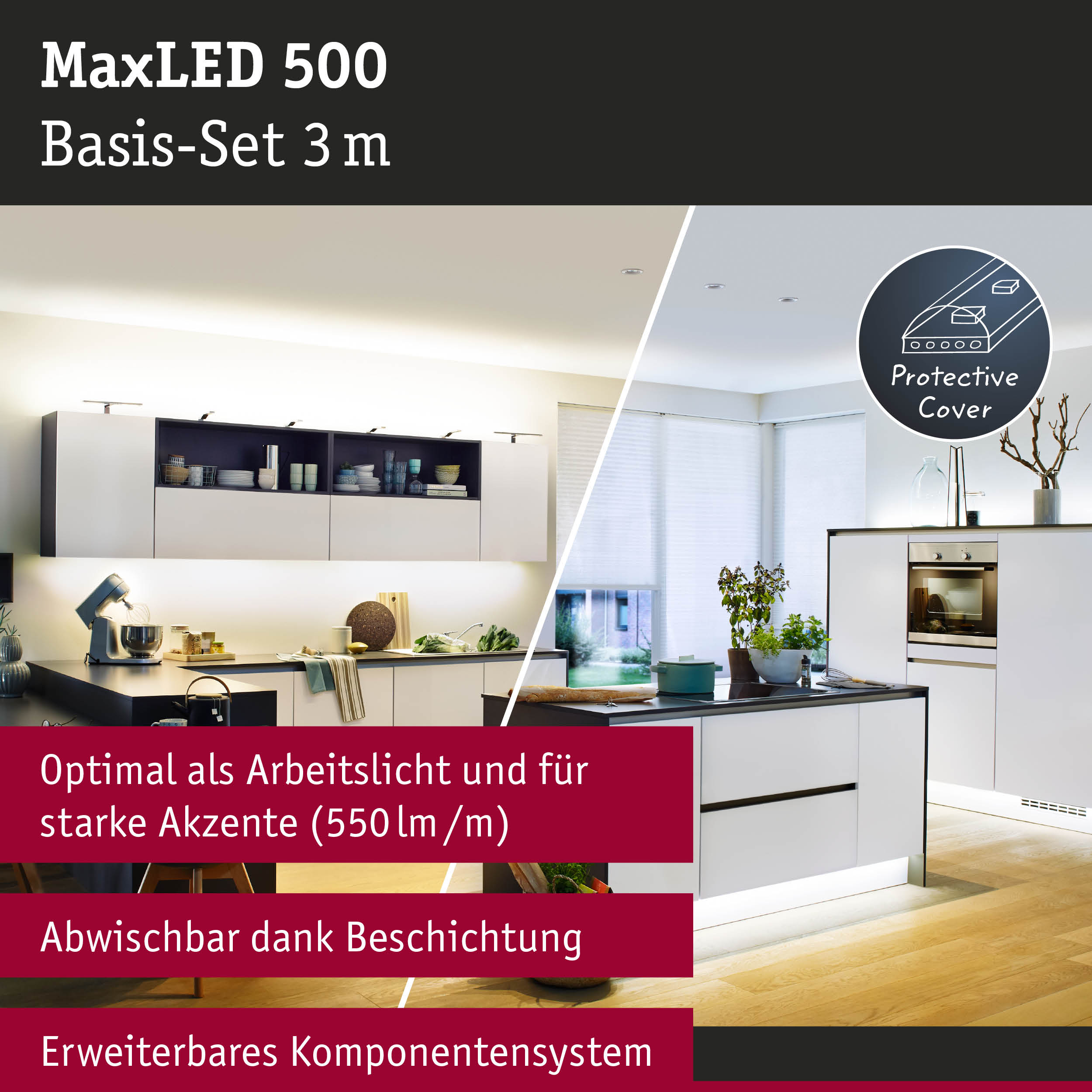 Nowoczesna kuchnia z oświetleniem MaxLED 500 pod szafkami i wyspą.