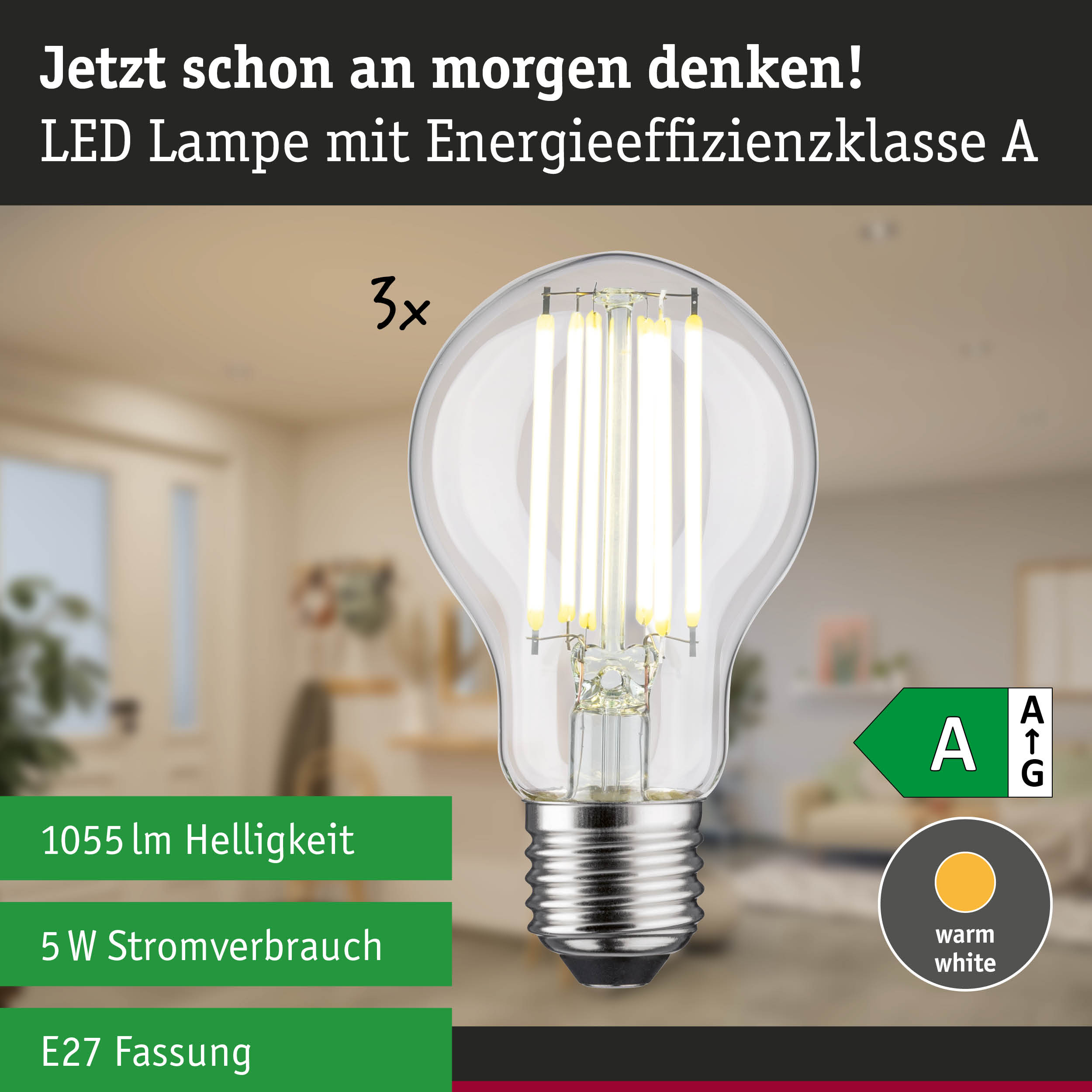 LED-Lampe mit Energieklasse A, 1055 lm, 5 W, warmweißes Licht und E27-Fassung vor unscharfem Hintergrund.