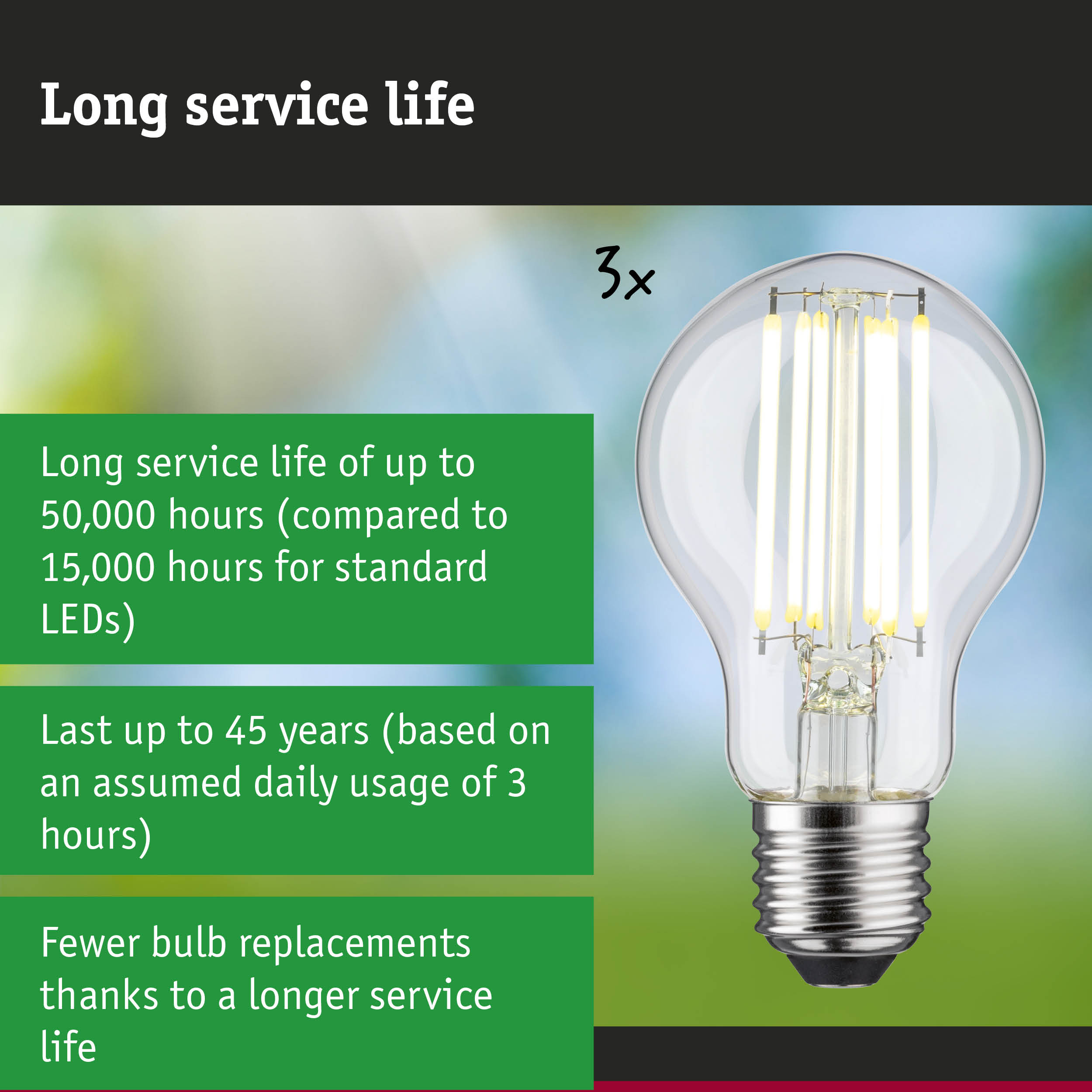LED-Glühbirne mit langer Lebensdauer und drei grünen Informationsfeldern.
