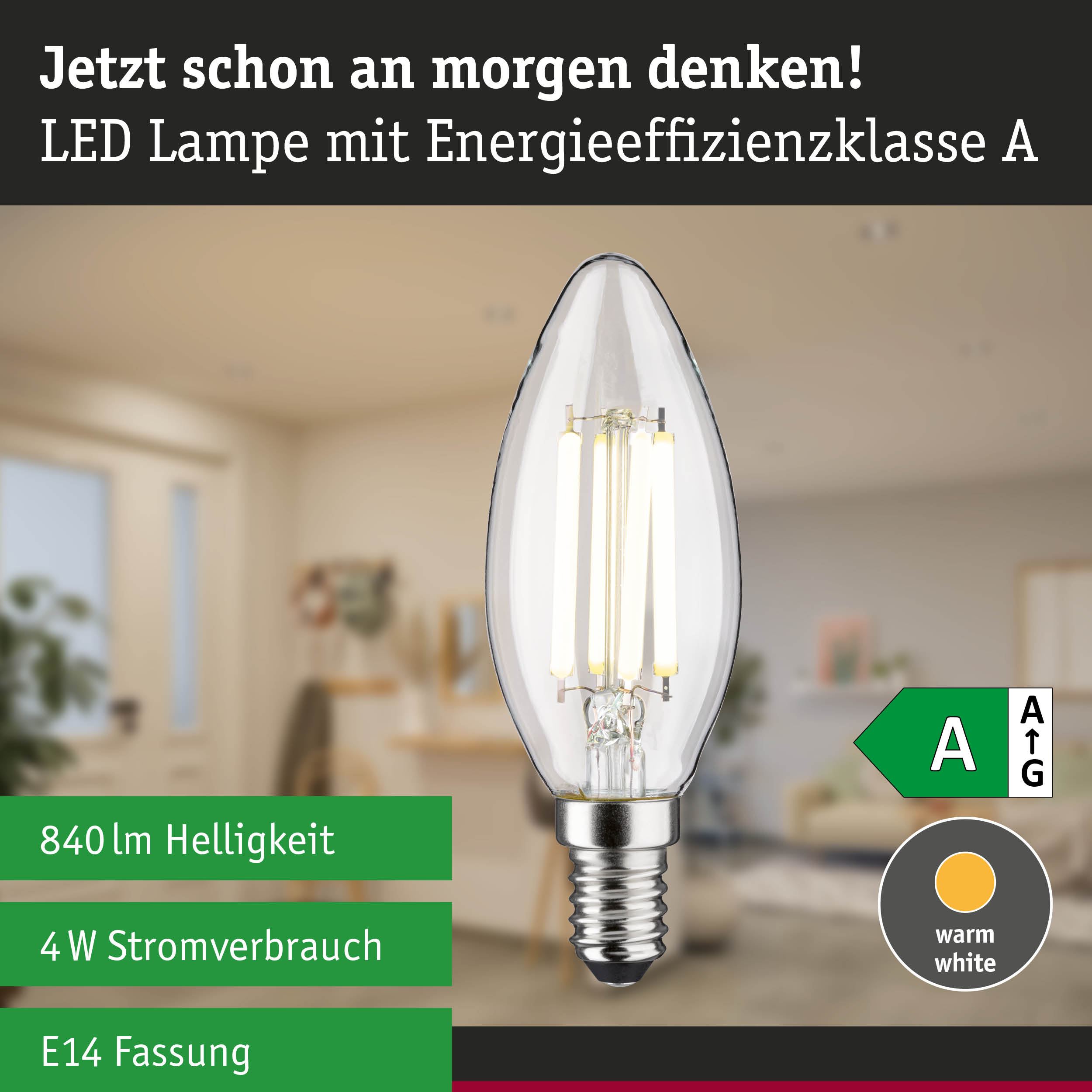 LED-Kerzenlampe vor verschwommenem Raum mit deutschen Texten.