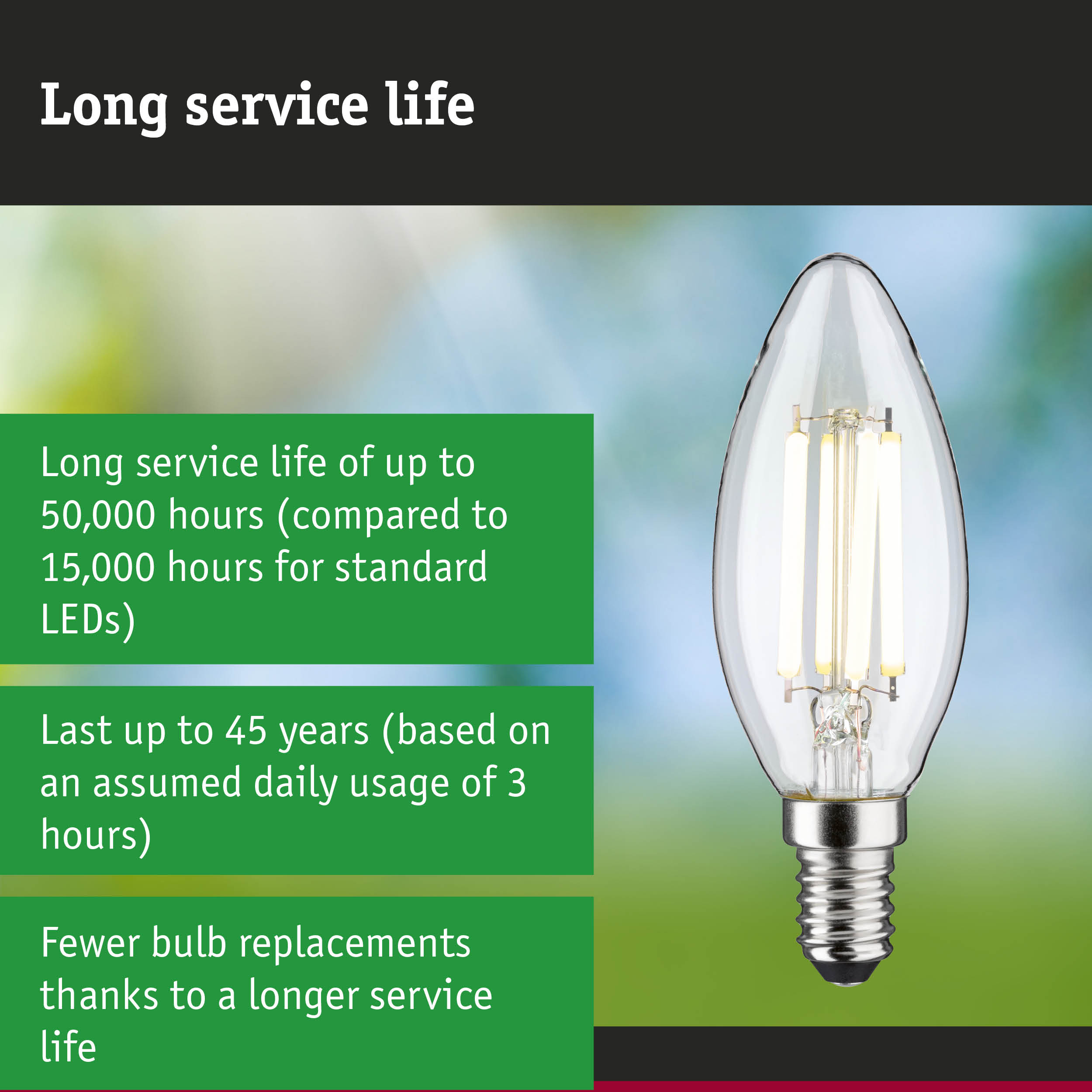 LED-Kerzenlampe vor grünem Hintergrund mit Text über Langlebigkeit.