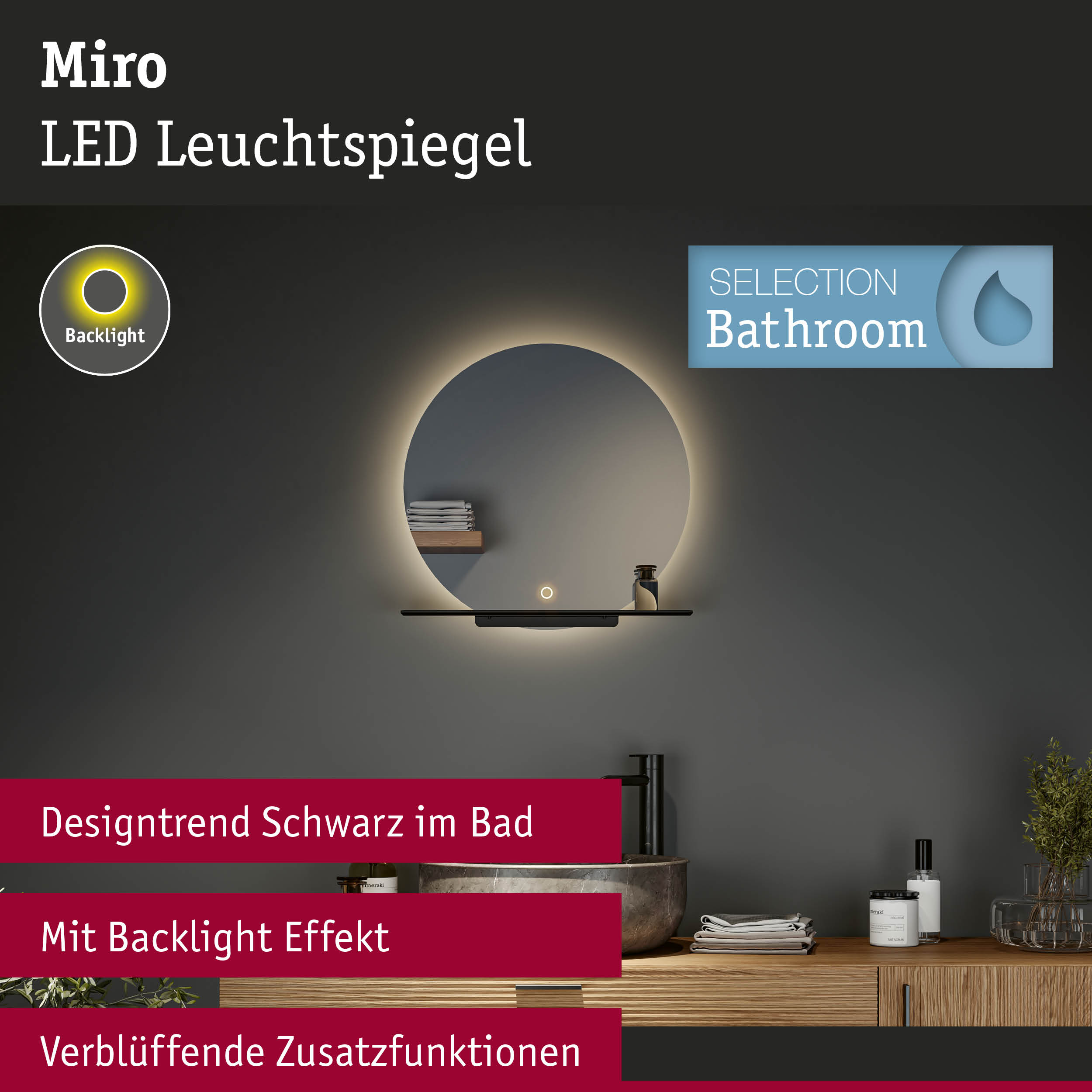 Runder LED-Spiegel mit Beleuchtung, schwarzem Regal und Bad-Accessoires an dunkler Wand.