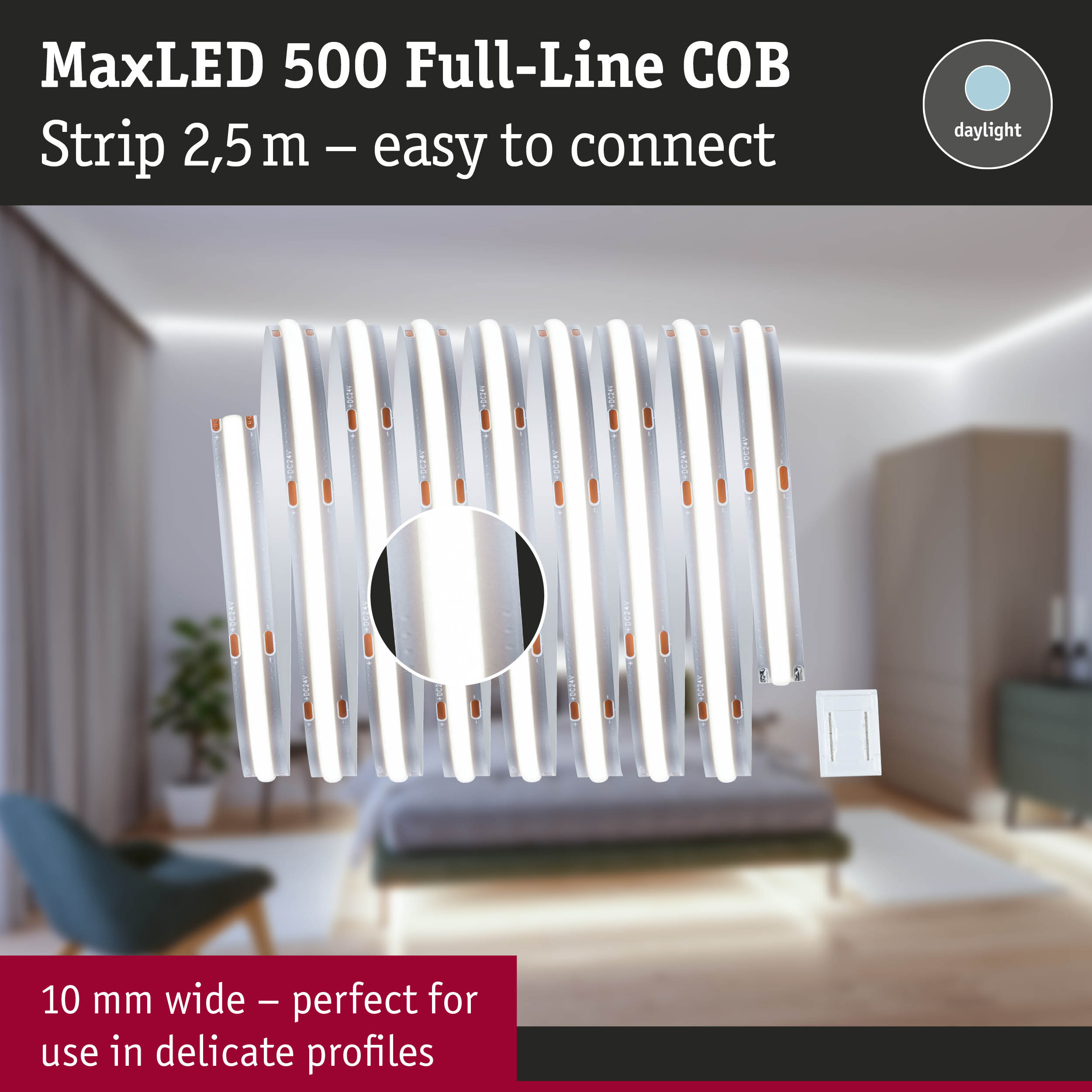 Taśma LED MaxLED 500 w przytulnej sypialni, emitująca miękkie światło.