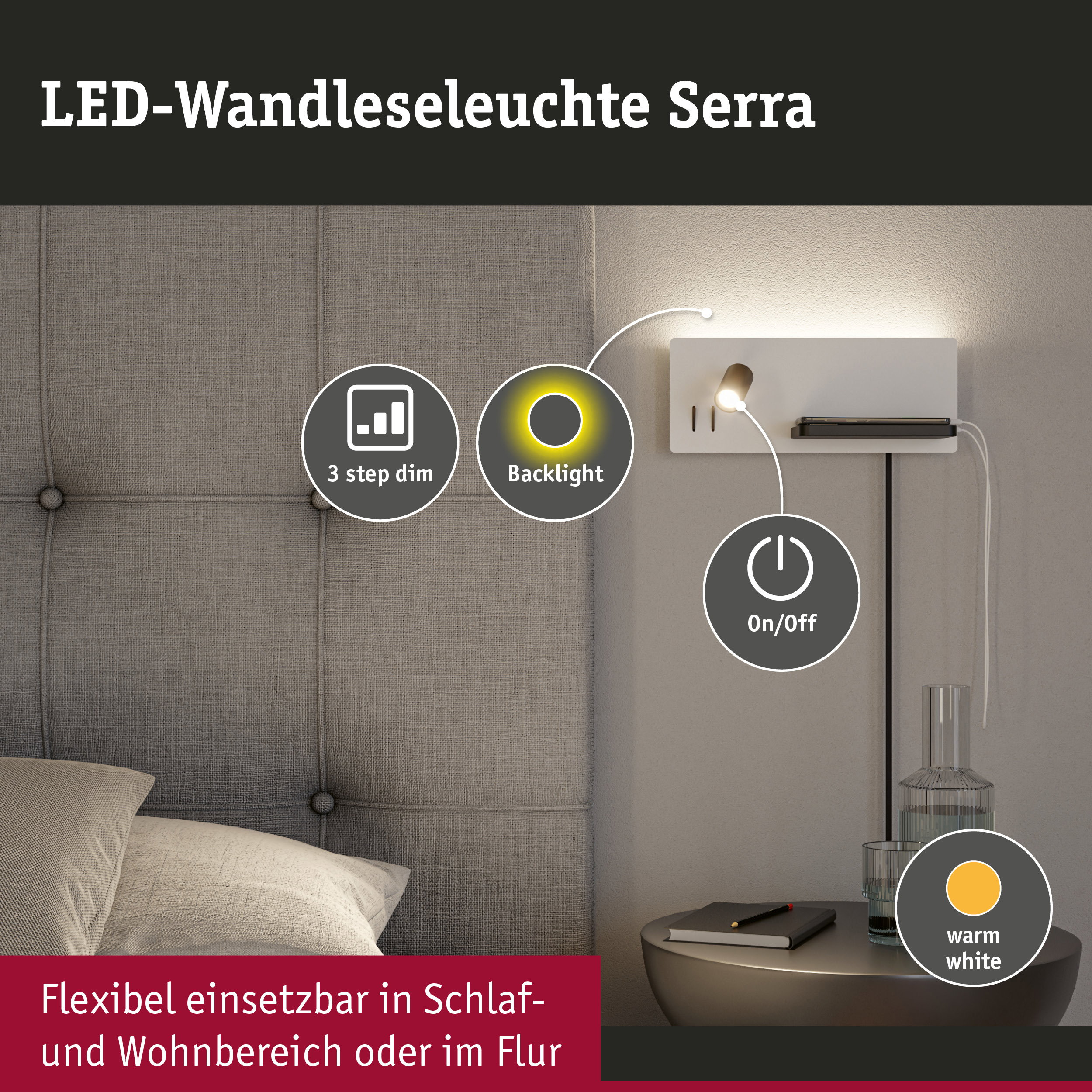 LED-Wandleselleuchte Serra neben einem grauen Bett mit Touch-Funktionen und warmweißem Licht.