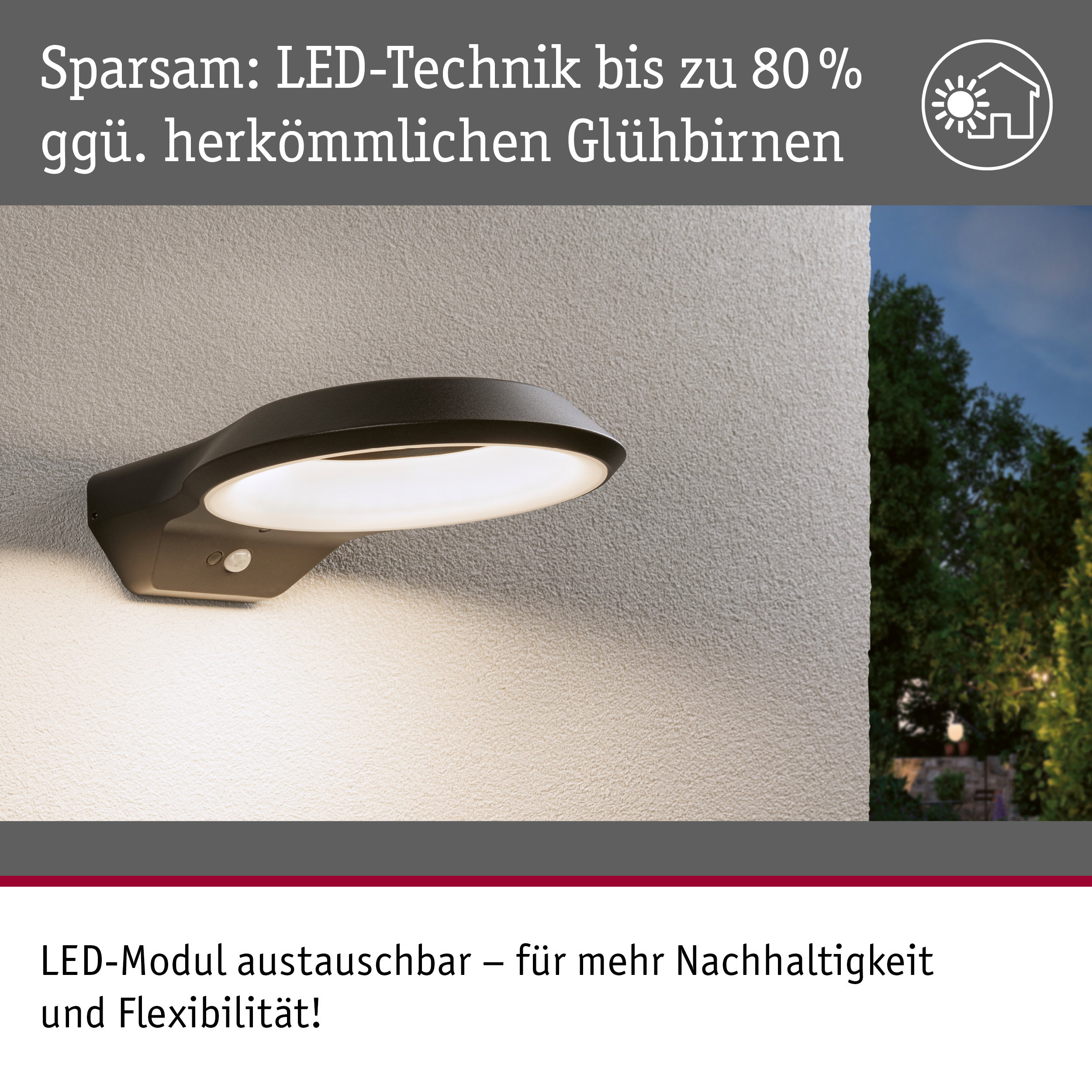 Eine moderne LED-Wandleuchte für den Außenbereich ist an einer strukturierten grauen Wand montiert.
