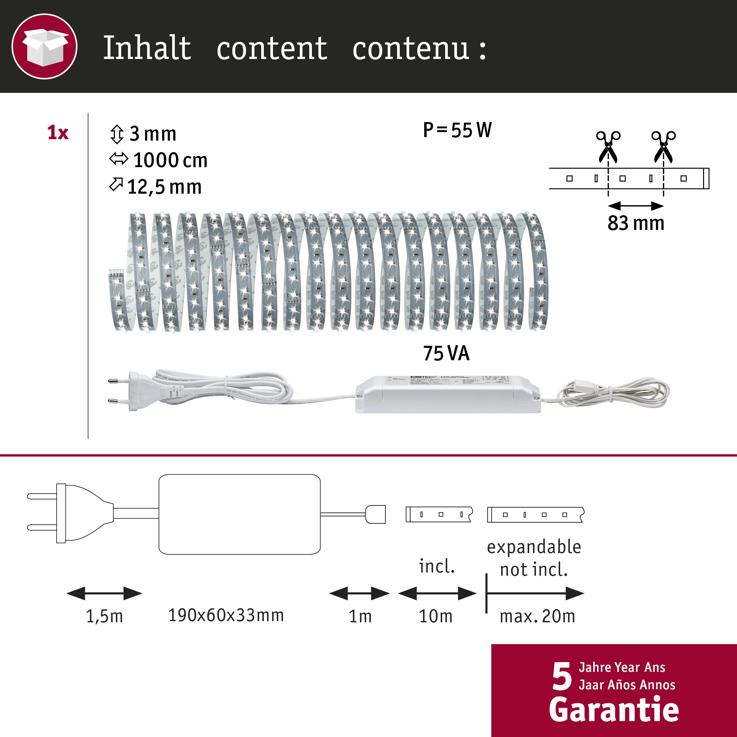 Produktinhalt: 10m LED-Streifen, Netzteil, Maße, Schnittmarken und Garantieinformationen auf weißem Hintergrund.