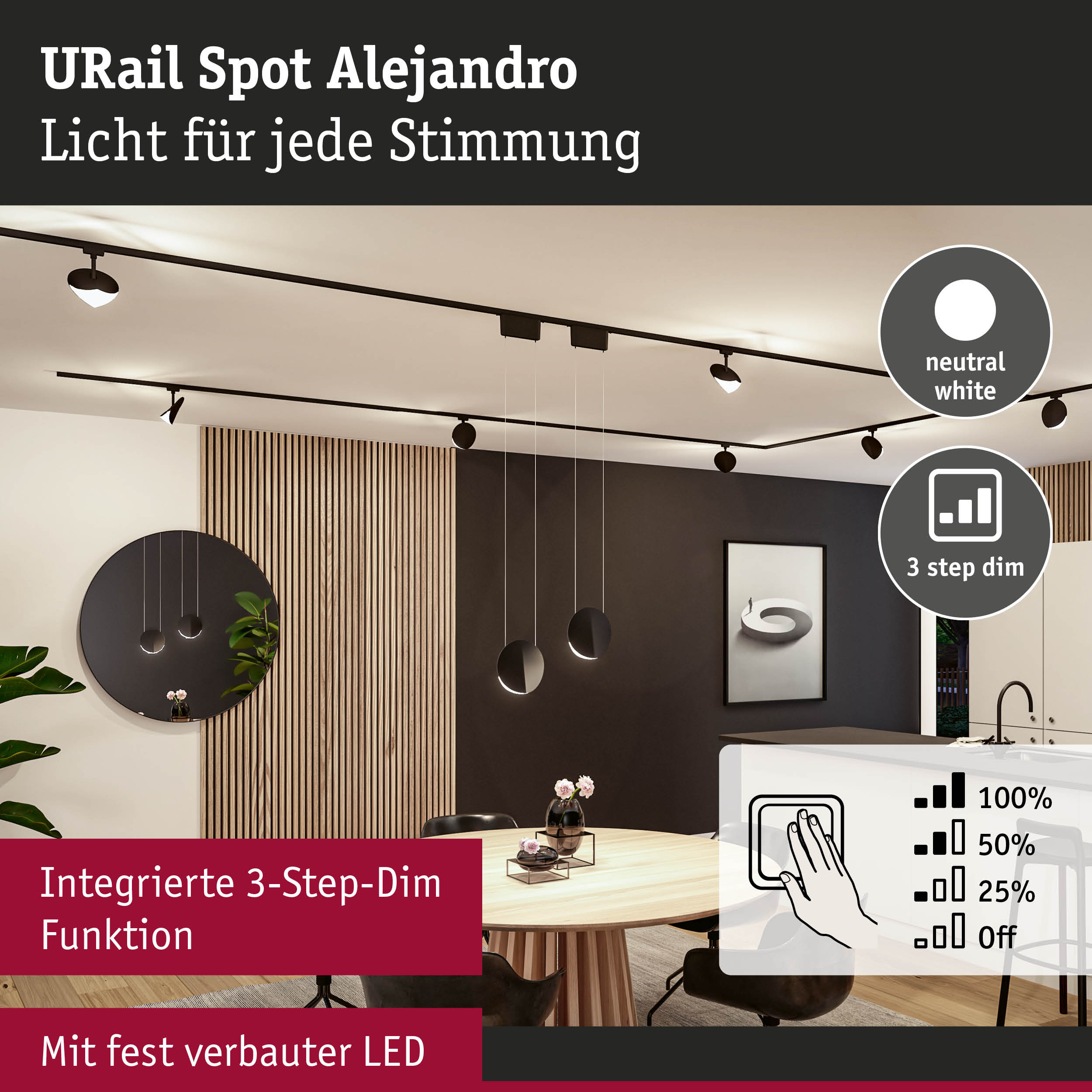 Moderne schwarze Schienenbeleuchtung in einem stilvollen Esszimmer mit runden Pendelleuchten.
