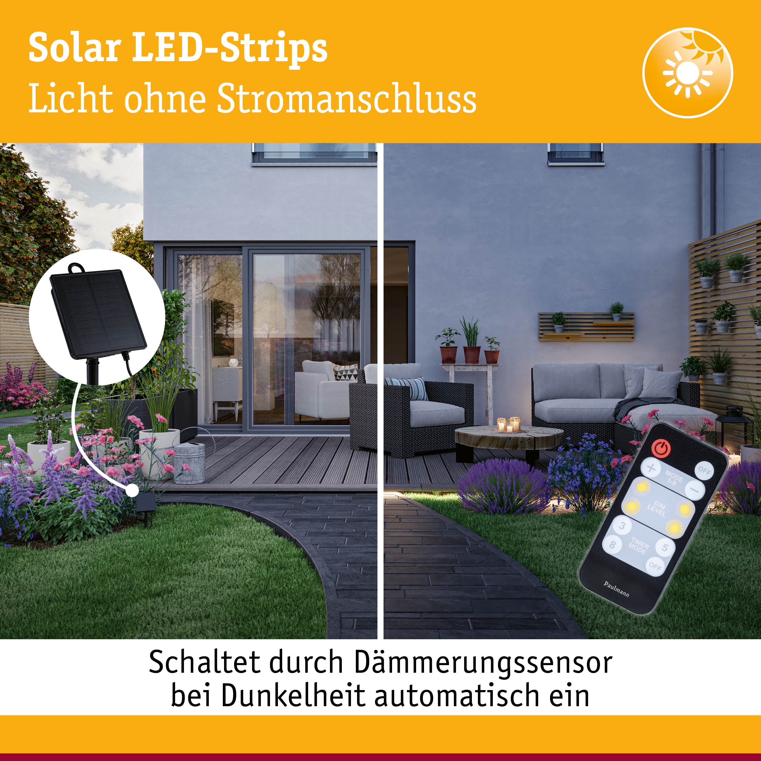 Solar-LED-Strips beleuchten eine Terrasse nachts, gesteuert per Dämmerungssensor und Fernbedienung.