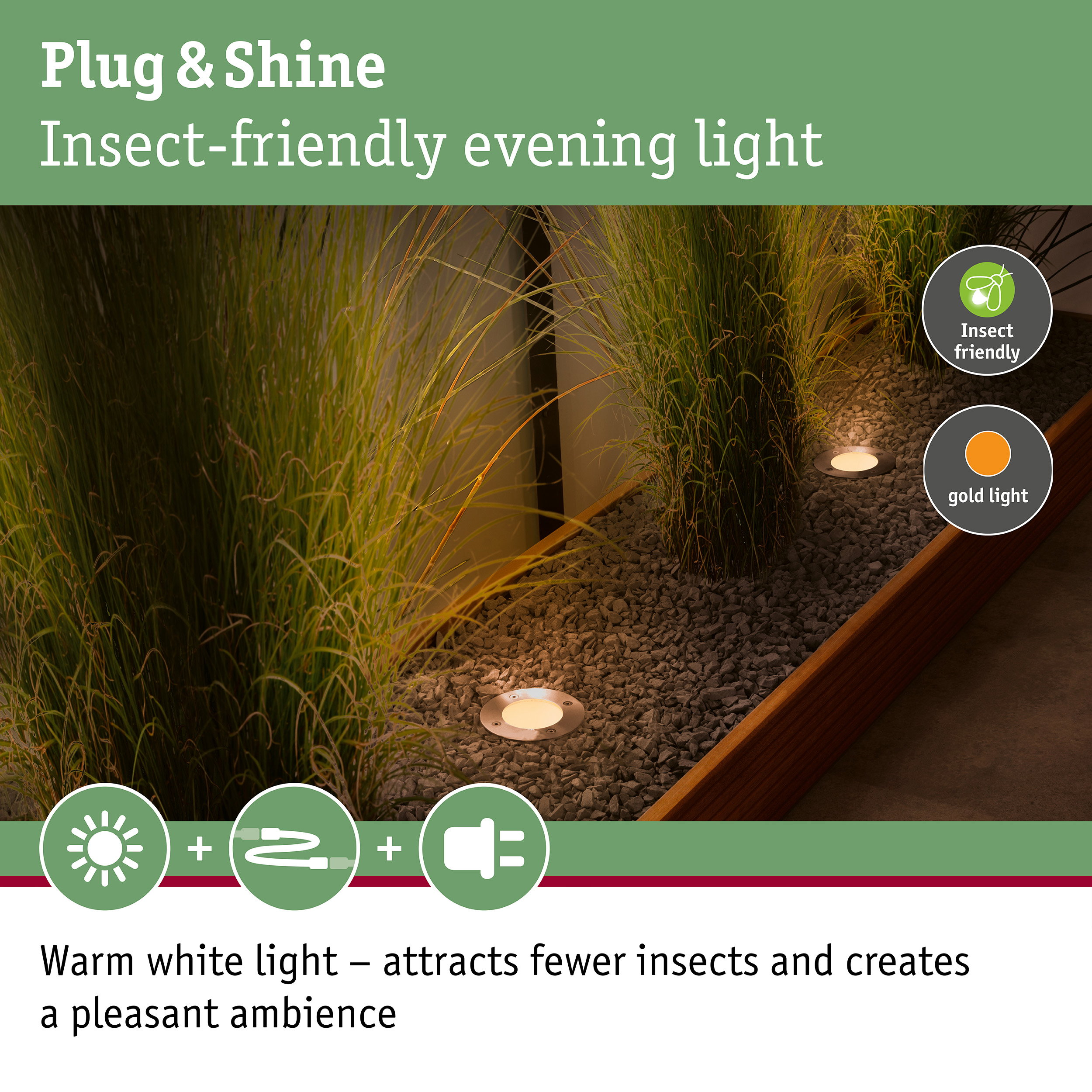 Warmweiße Bodenleuchten in einem Kiesbett mit hohem Gras für insektenfreundliche Abendstimmung.