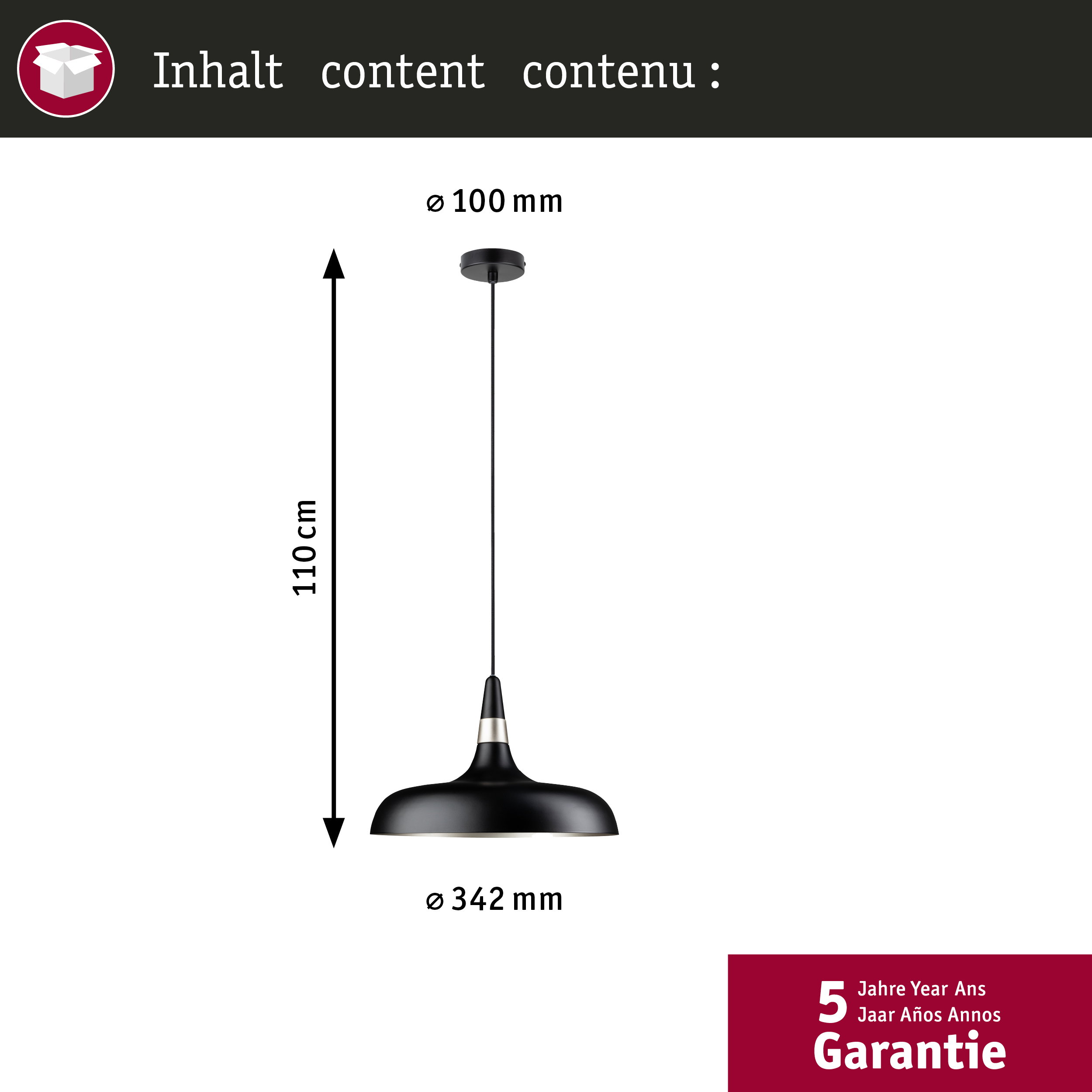 Schwarze Pendelleuchte mit 110 cm Höhe, 342 mm Schirmdurchmesser und 5 Jahren Garantie.