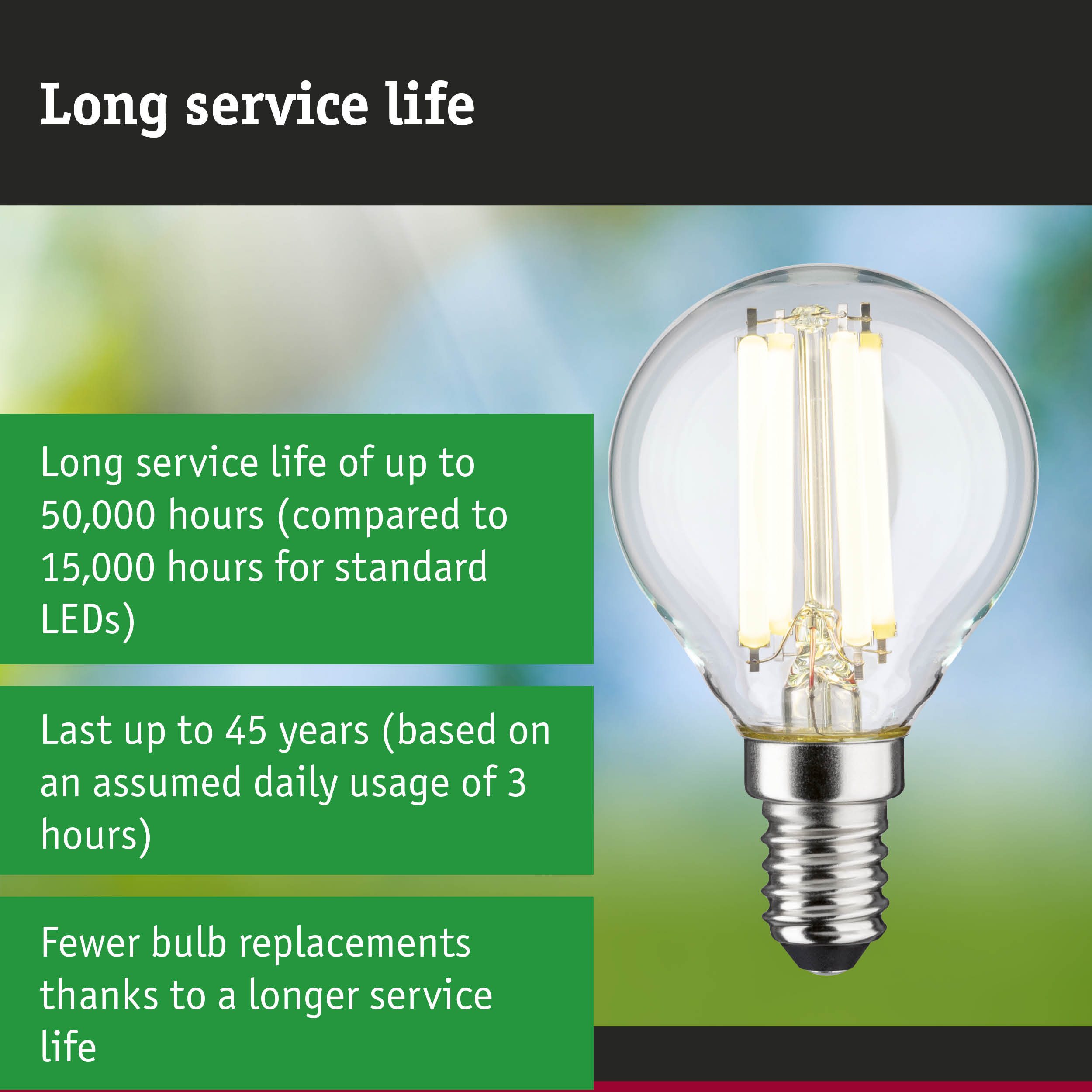 LED-Glühlampe mit langer Lebensdauer vor verschwommenem Hintergrund und grünem Textfeld.