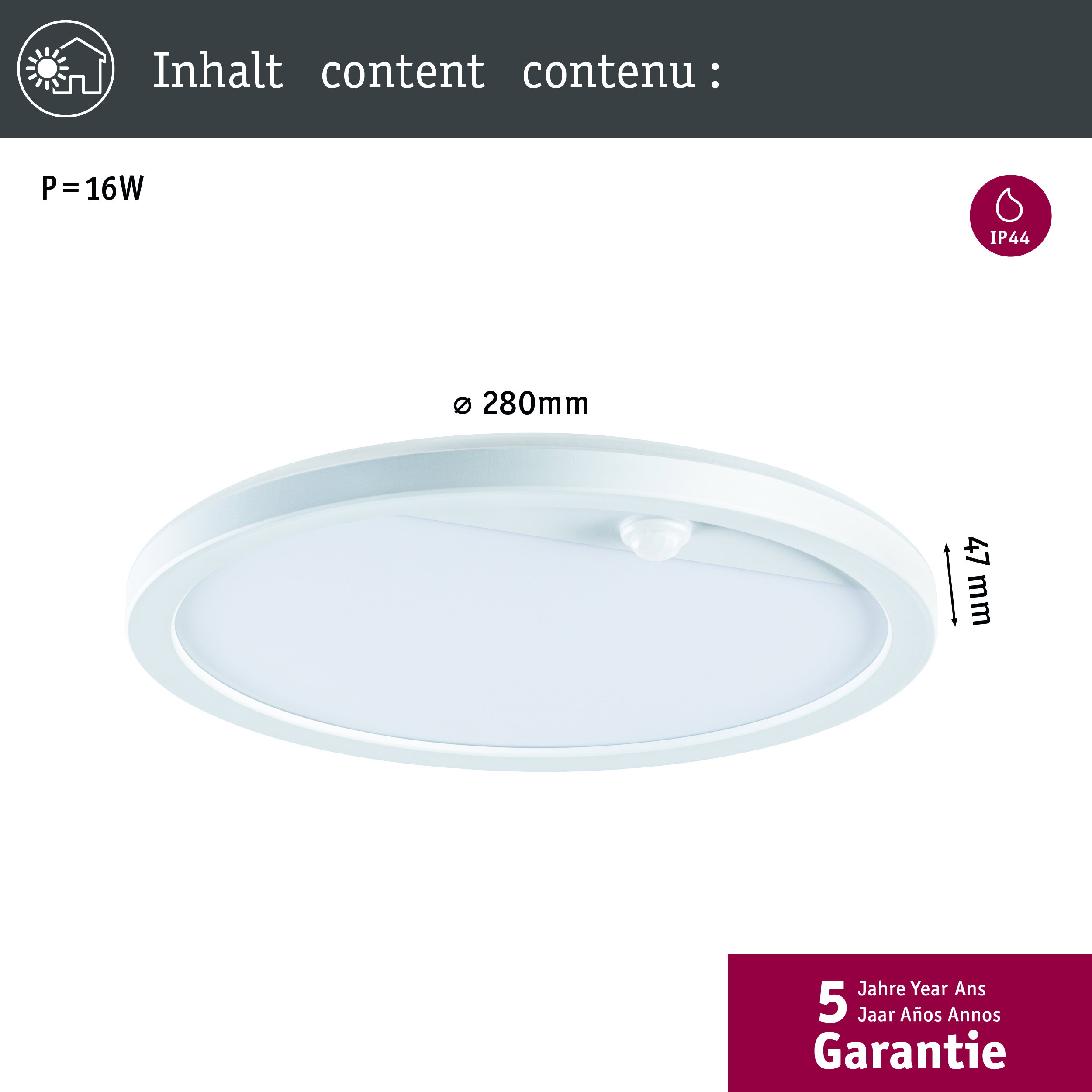 Technische Zeichnung und Maße einer runden, weißen 16W LED-Deckenleuchte mit Sensor und 5 Jahren Garantie.