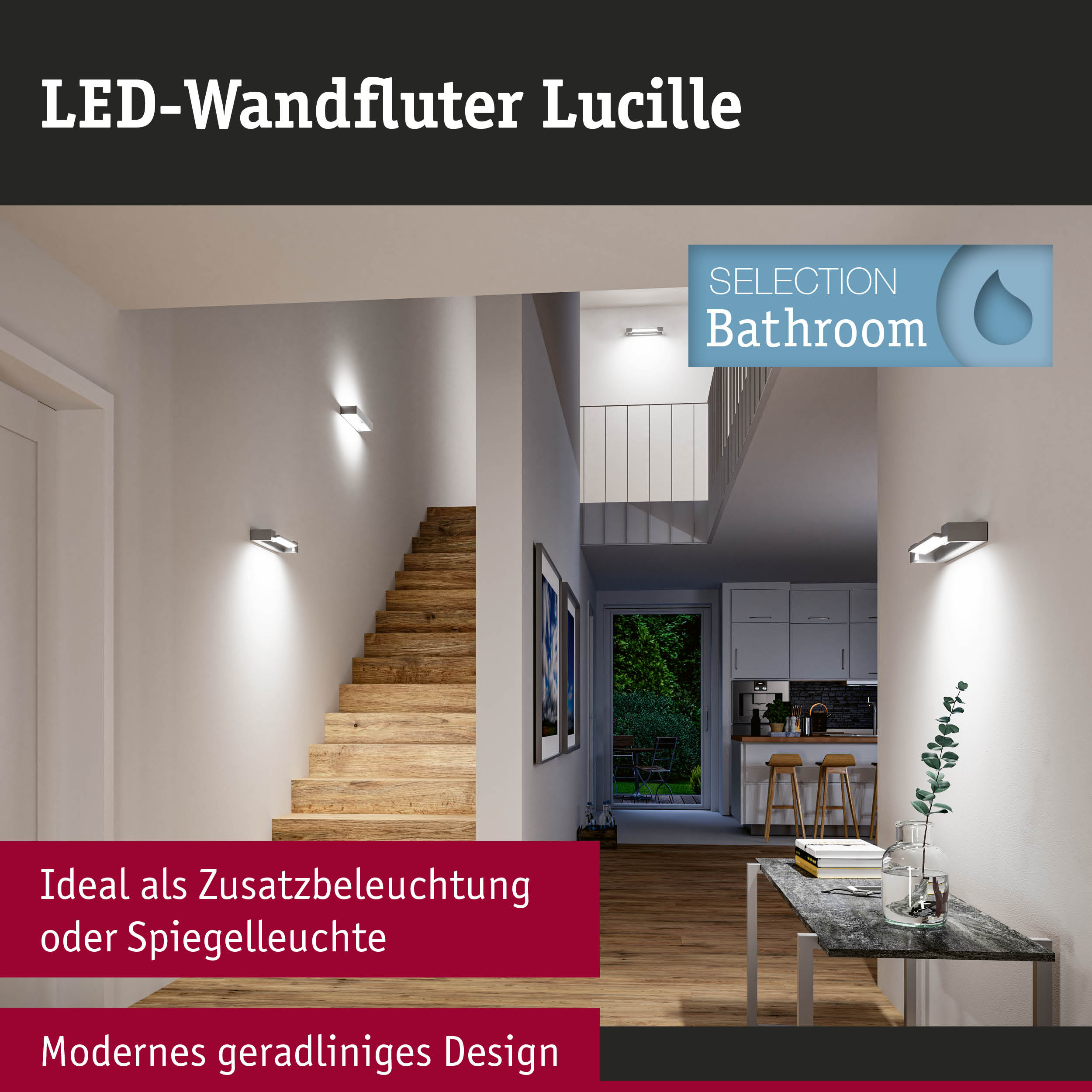 Moderne LED-Wandleuchten im Flur mit Holztreppe und Blick in die Küche.
