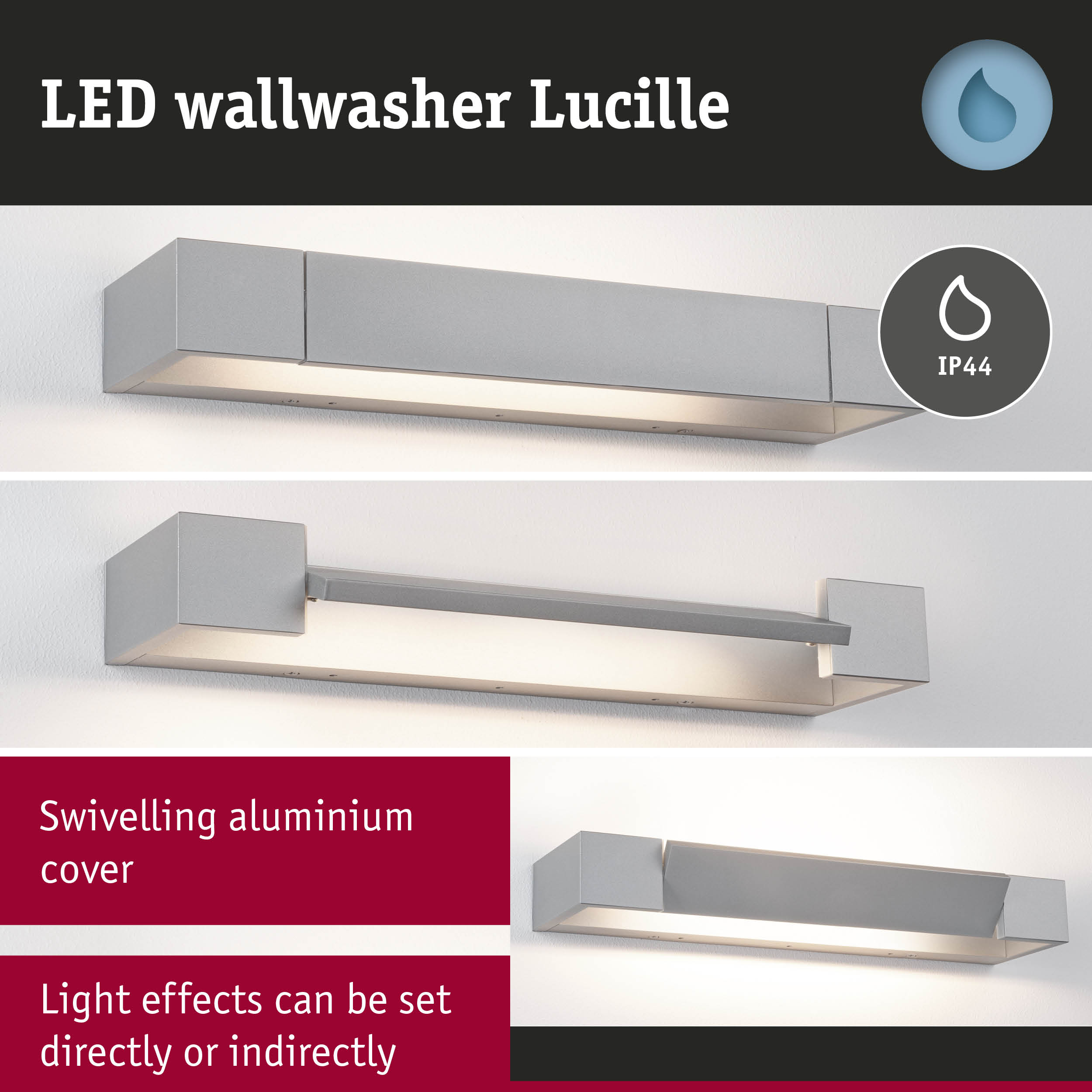 LED-Wandleuchte Lucille mit schwenkbarer Aluminiumabdeckung für direkte oder indirekte Beleuchtung und IP44.