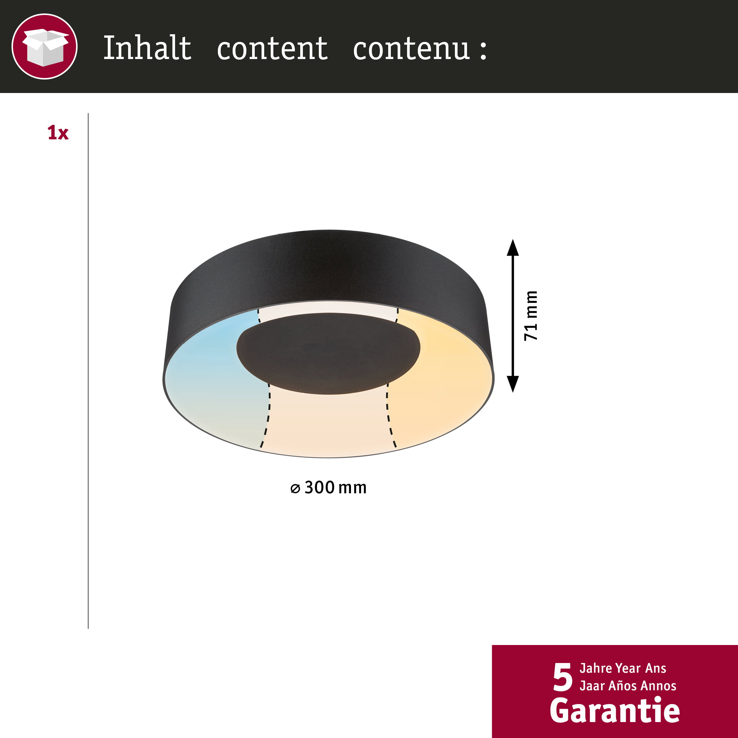 Rysunek techniczny okrągłej czarnej lampy sufitowej o średnicy 300 mm i wysokości 71 mm.