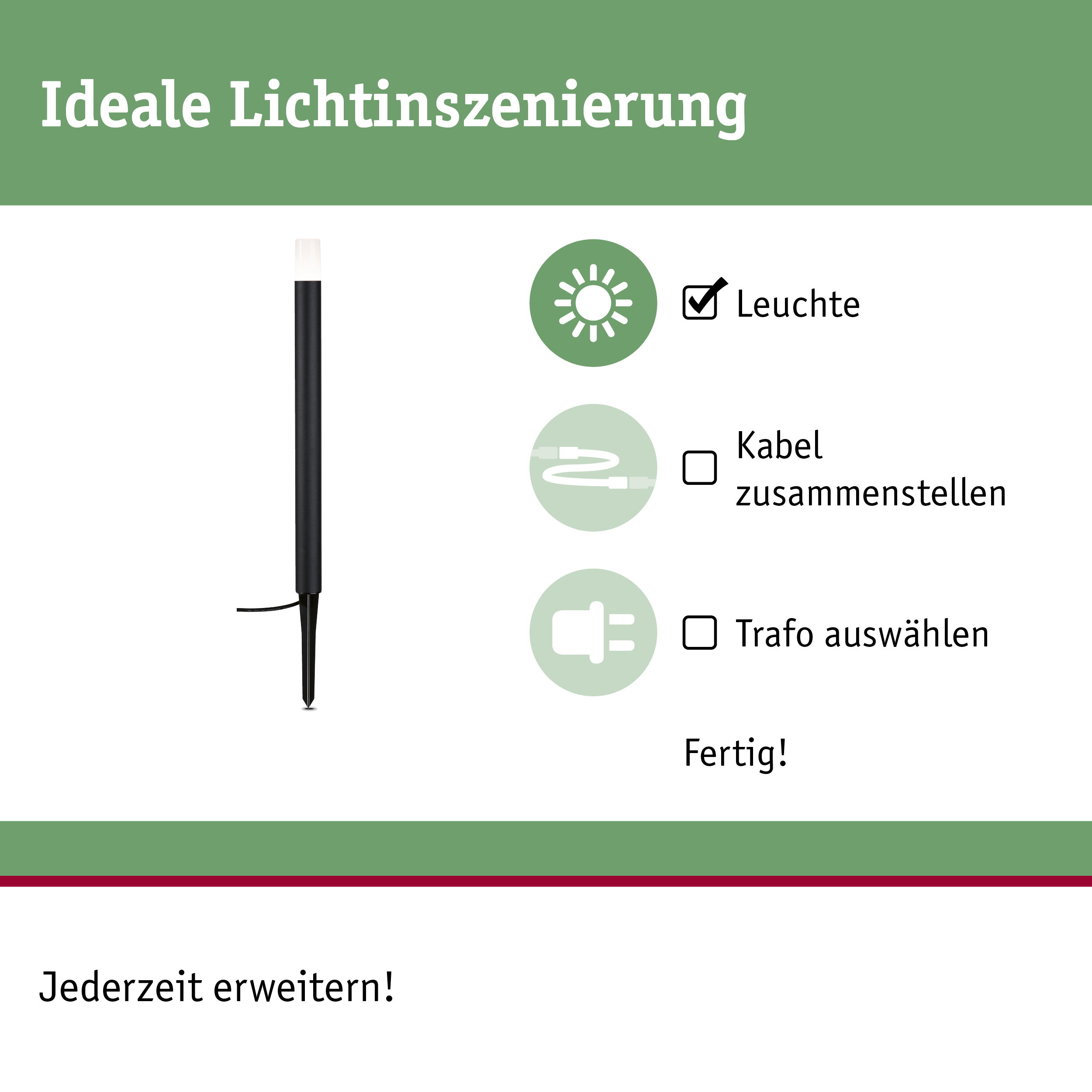 Przewodnik po instalacji oświetlenia z lampą, kablem i transformatorem na zielonym i białym tle.