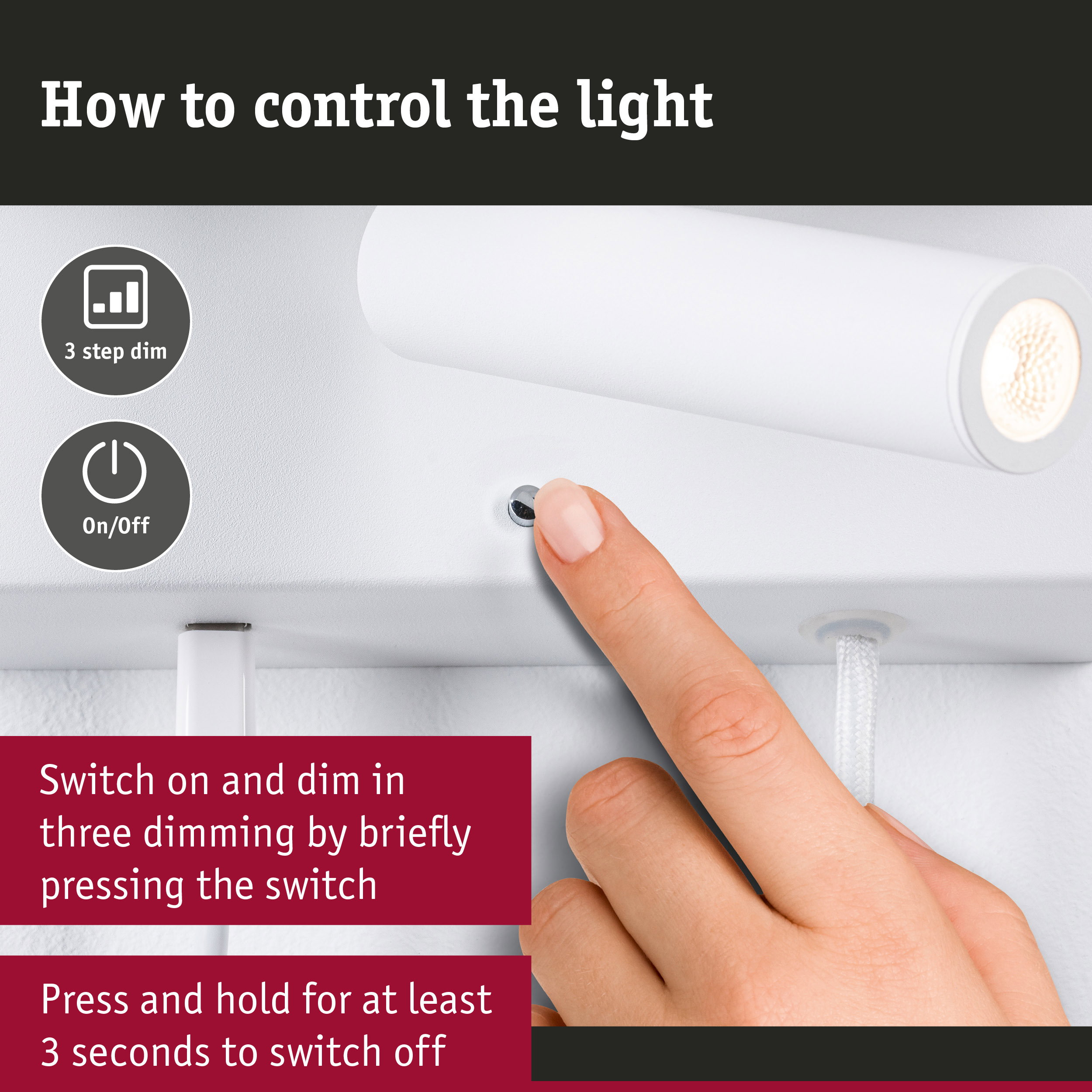 Eine Hand drückt einen Schalter an einer weißen Lampe. Text erklärt die Bedienung.