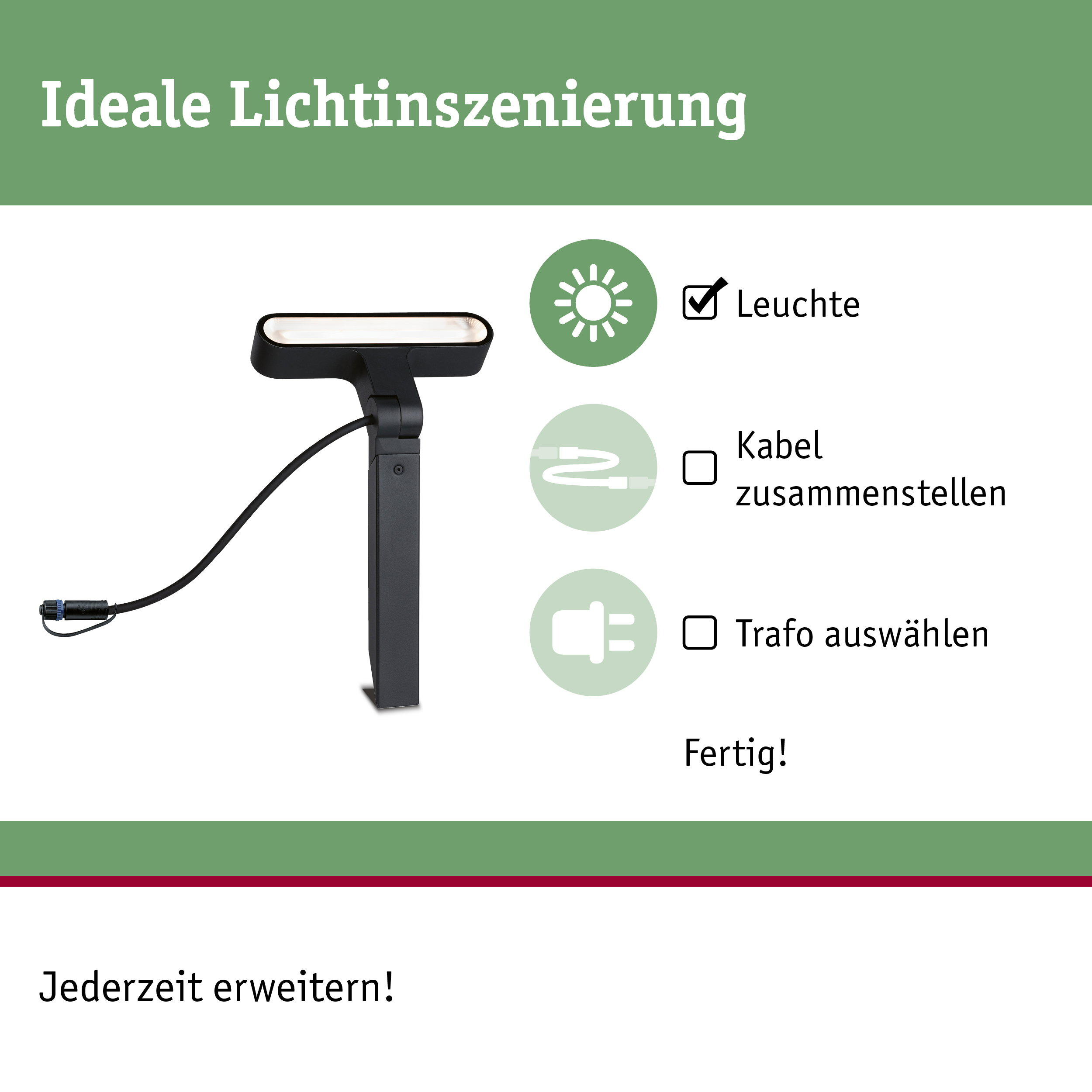 Infografik zeigt Schritte zur Beleuchtungsinstallation mit Leuchte, Kabel und Trafo.