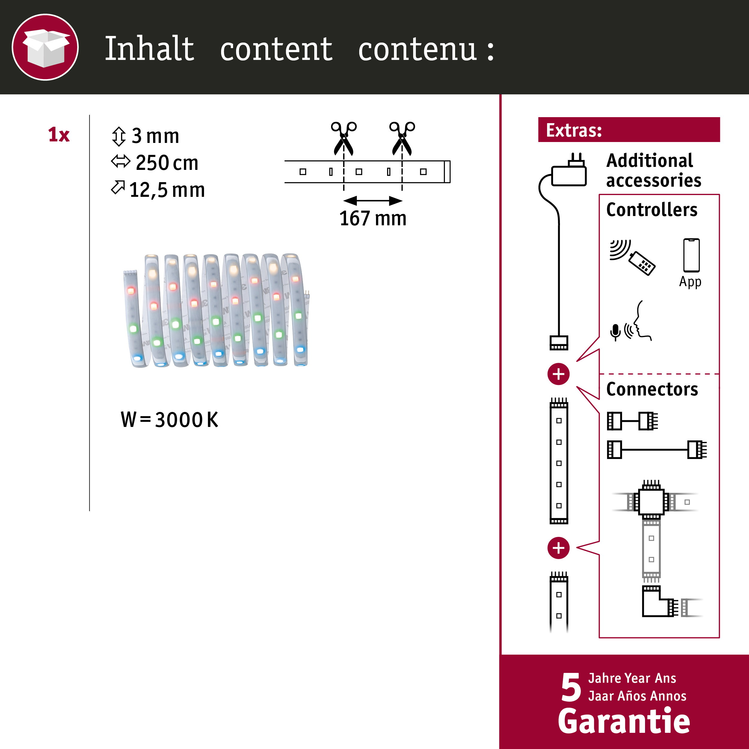Verpackungsinhalt: 250cm LED-Streifen, Zubehör, Controller, Anschlüsse und 5 Jahre Garantie.