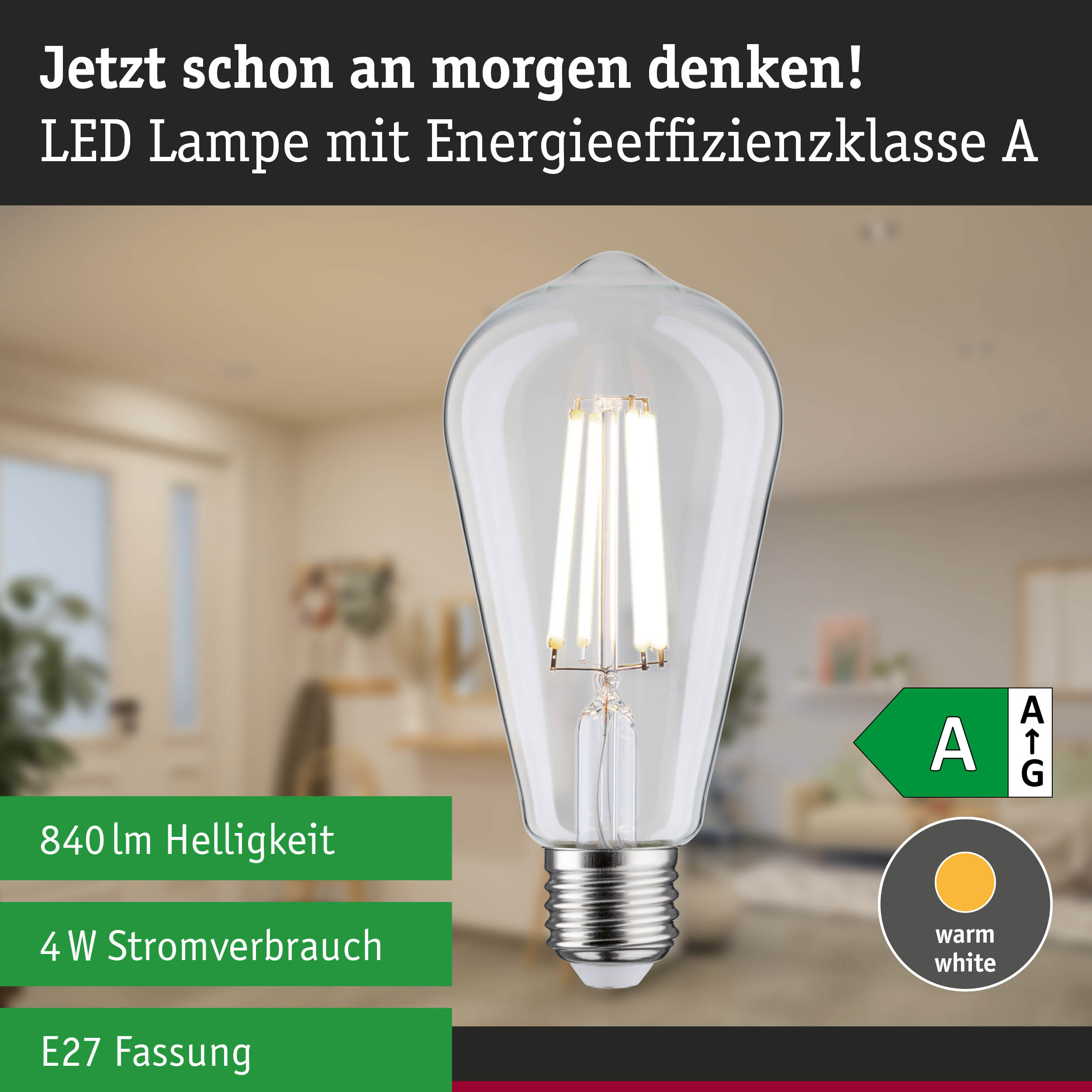 LED-Lampe mit Energieklasse A, 840 lm, 4 W und E27-Fassung vor verschwommenem Raum.