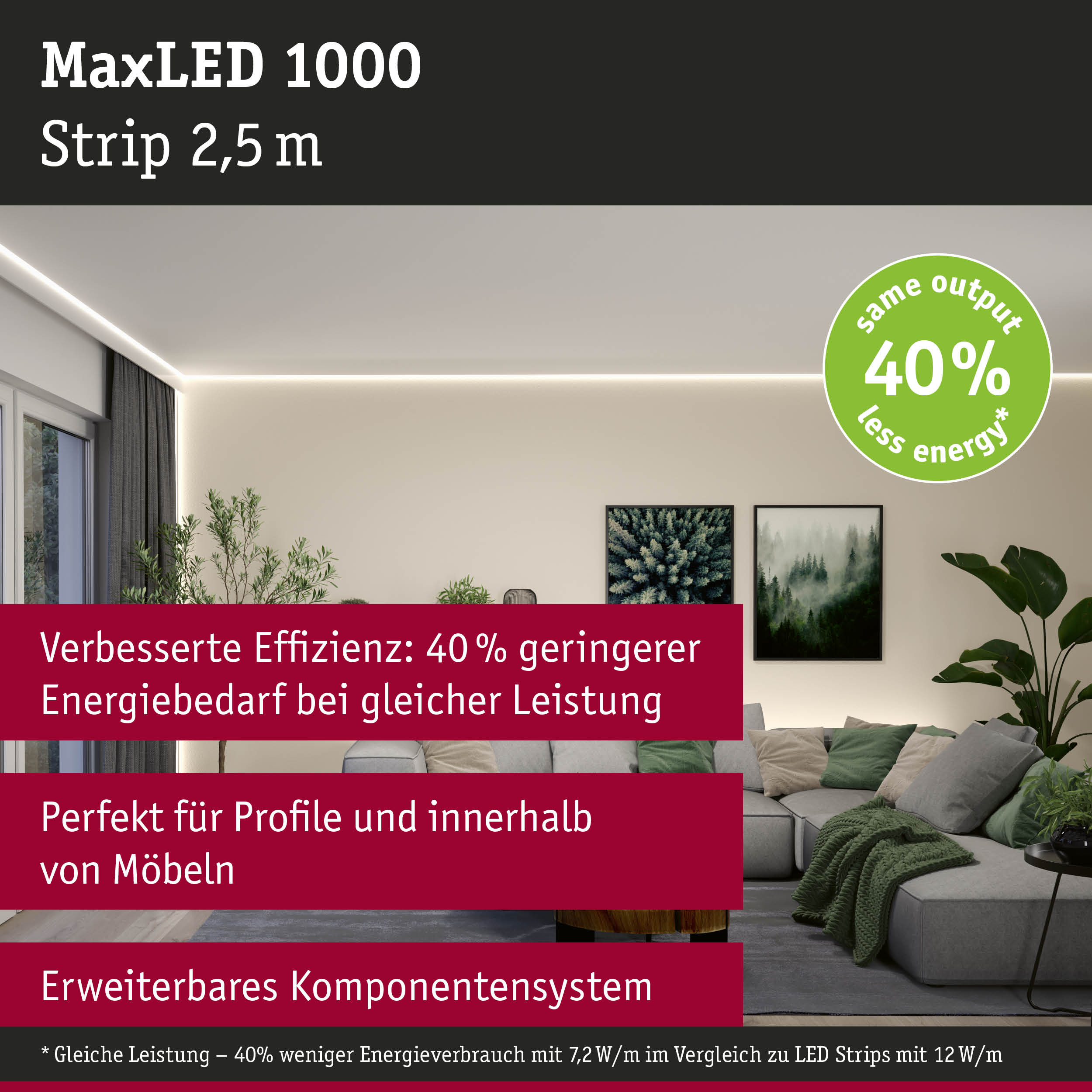 Wohnzimmer mit LED-Beleuchtung, grauem Sofa und drei roten Textbändern mit Produktinfos.