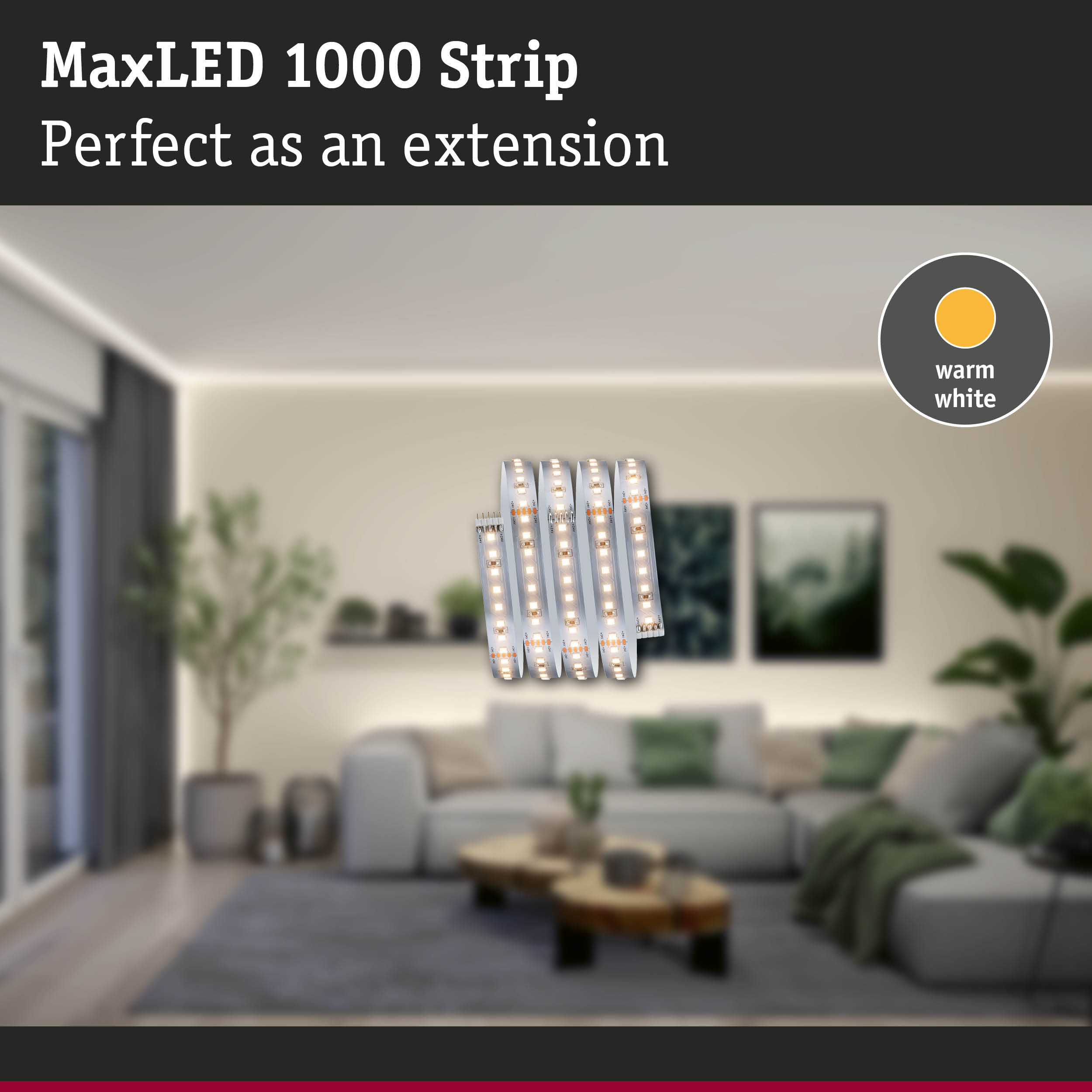 MaxLED 1000 Strip, ein warmweißes LED-Band, vor einem unscharfen Wohnzimmer.