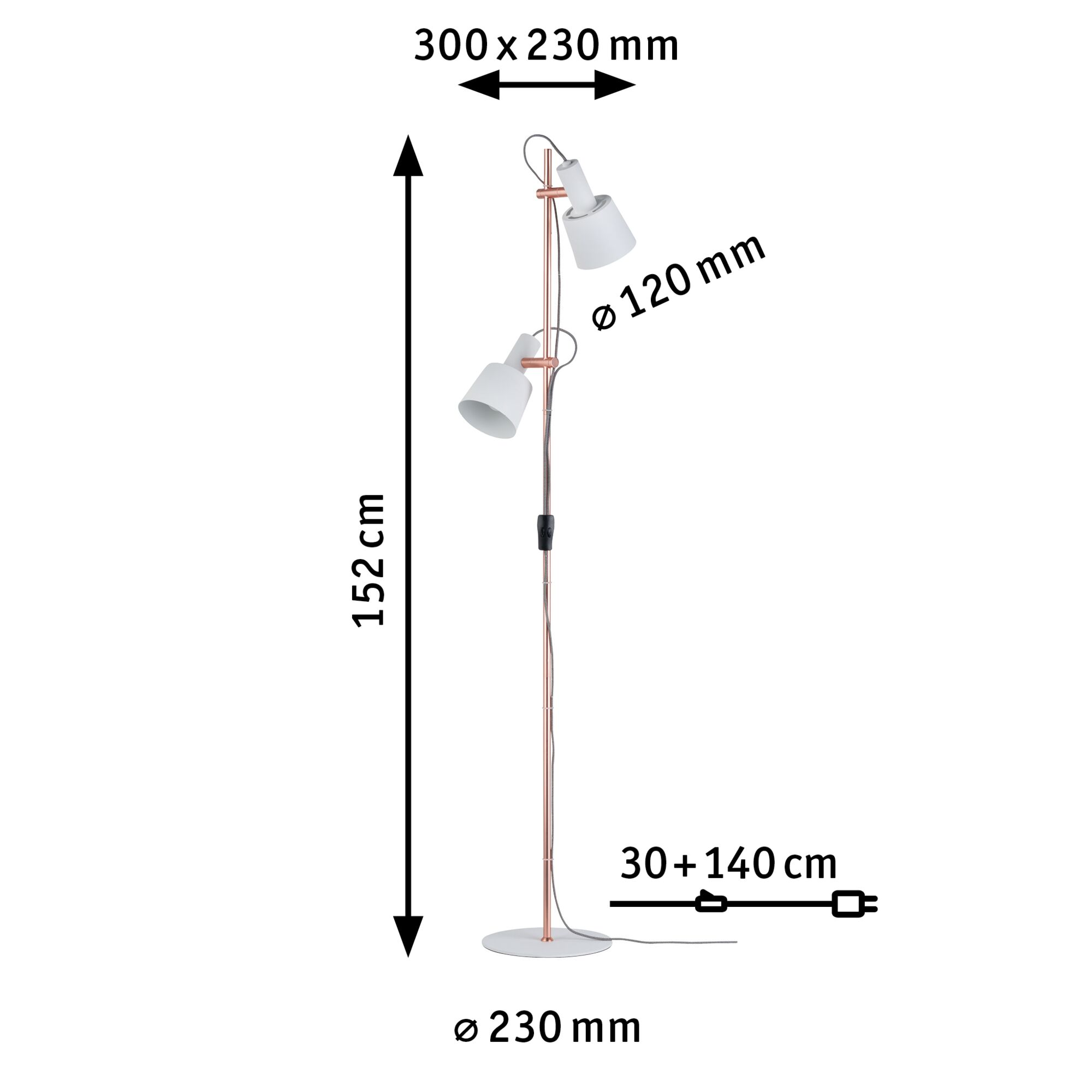 Diagramm einer Stehlampe mit zwei weißen Köpfen, 152 cm hoch, mit Bemaßungen für Höhe, Basis und Breite.