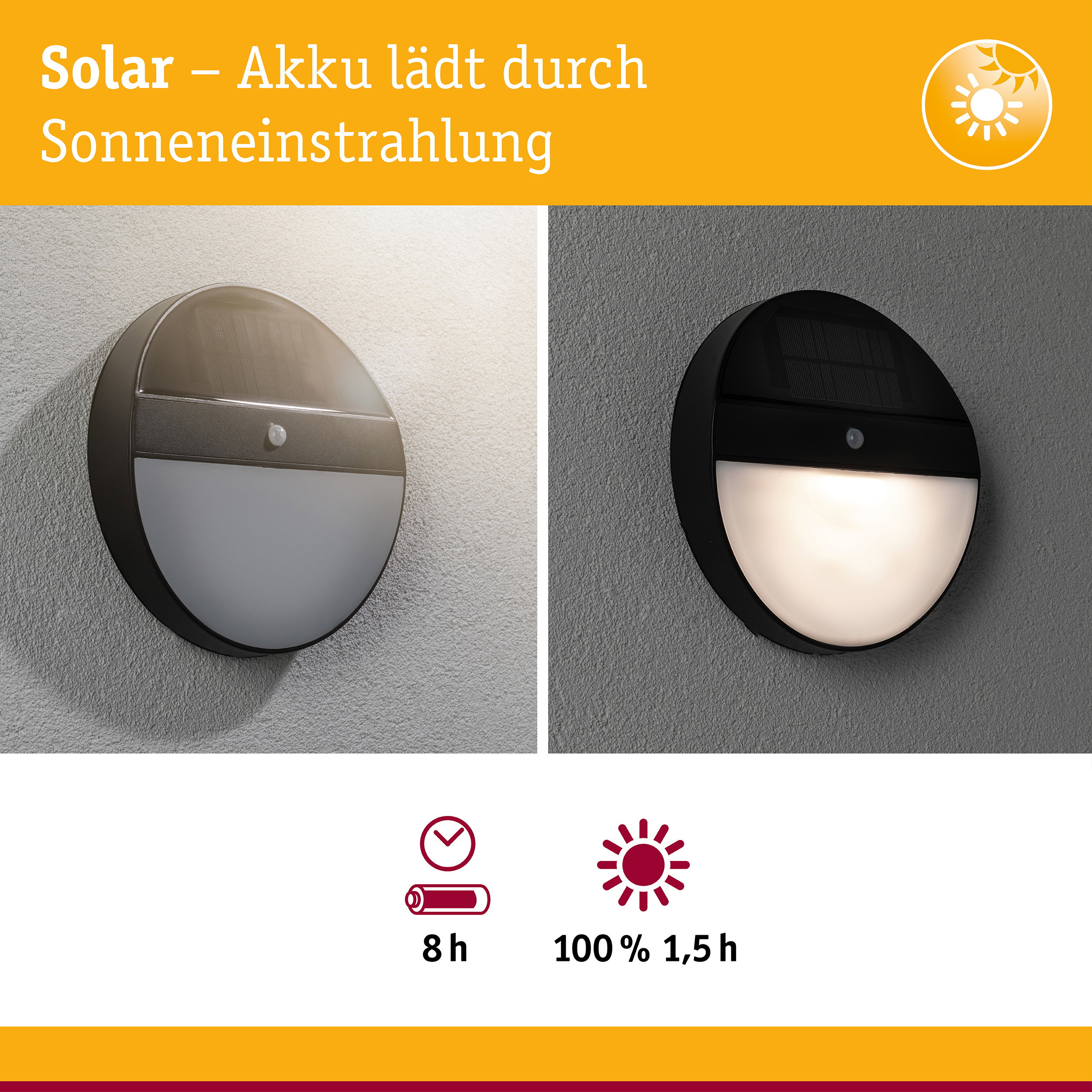 Lampa solarna ładuje się światłem, pokazuje tryb dnia i nocy, ikony baterii i czas.