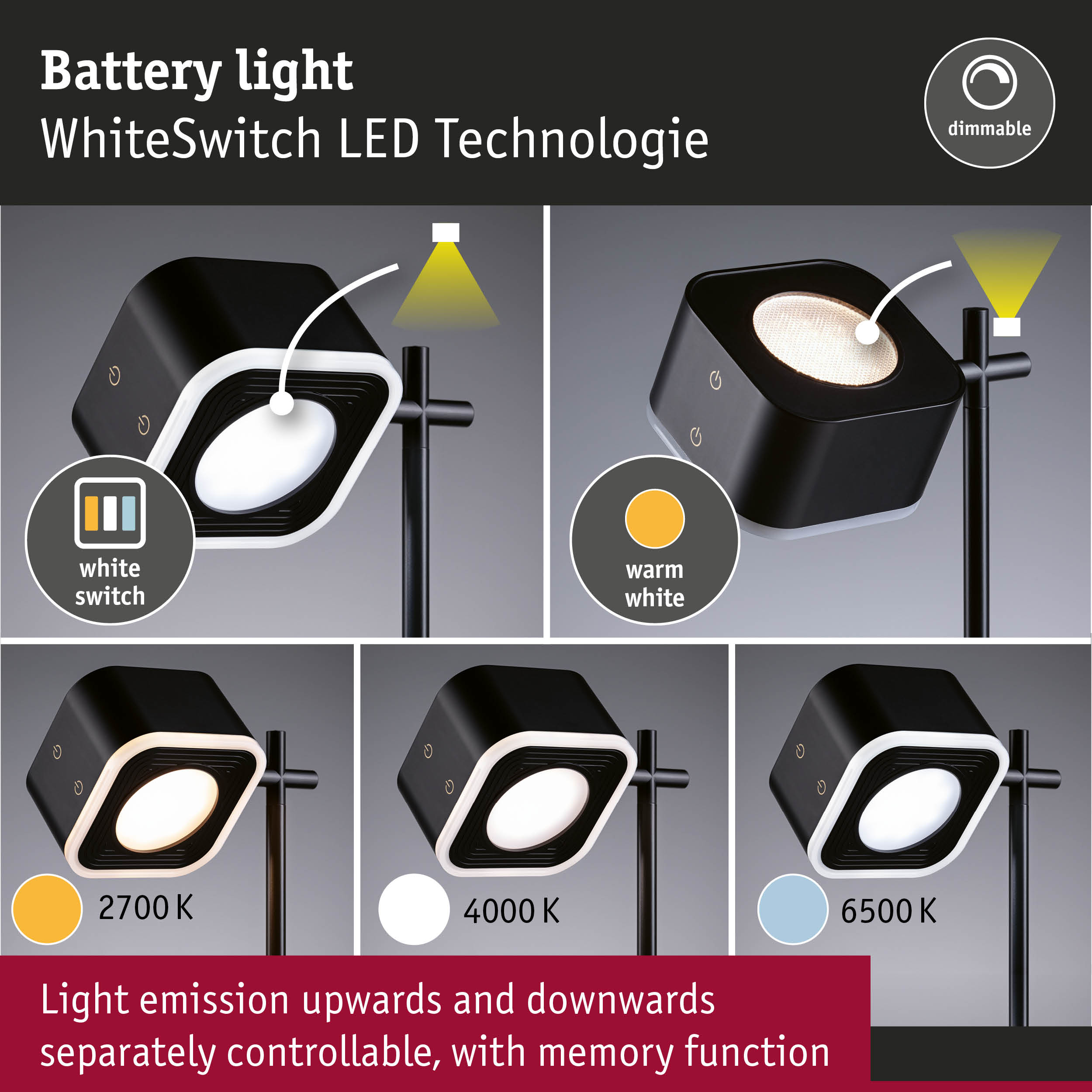 Lampka akumulatorowa z diodą WhiteSwitch LED, ściemniana, o regulowanej temperaturze światła od 2700K do 6500K.