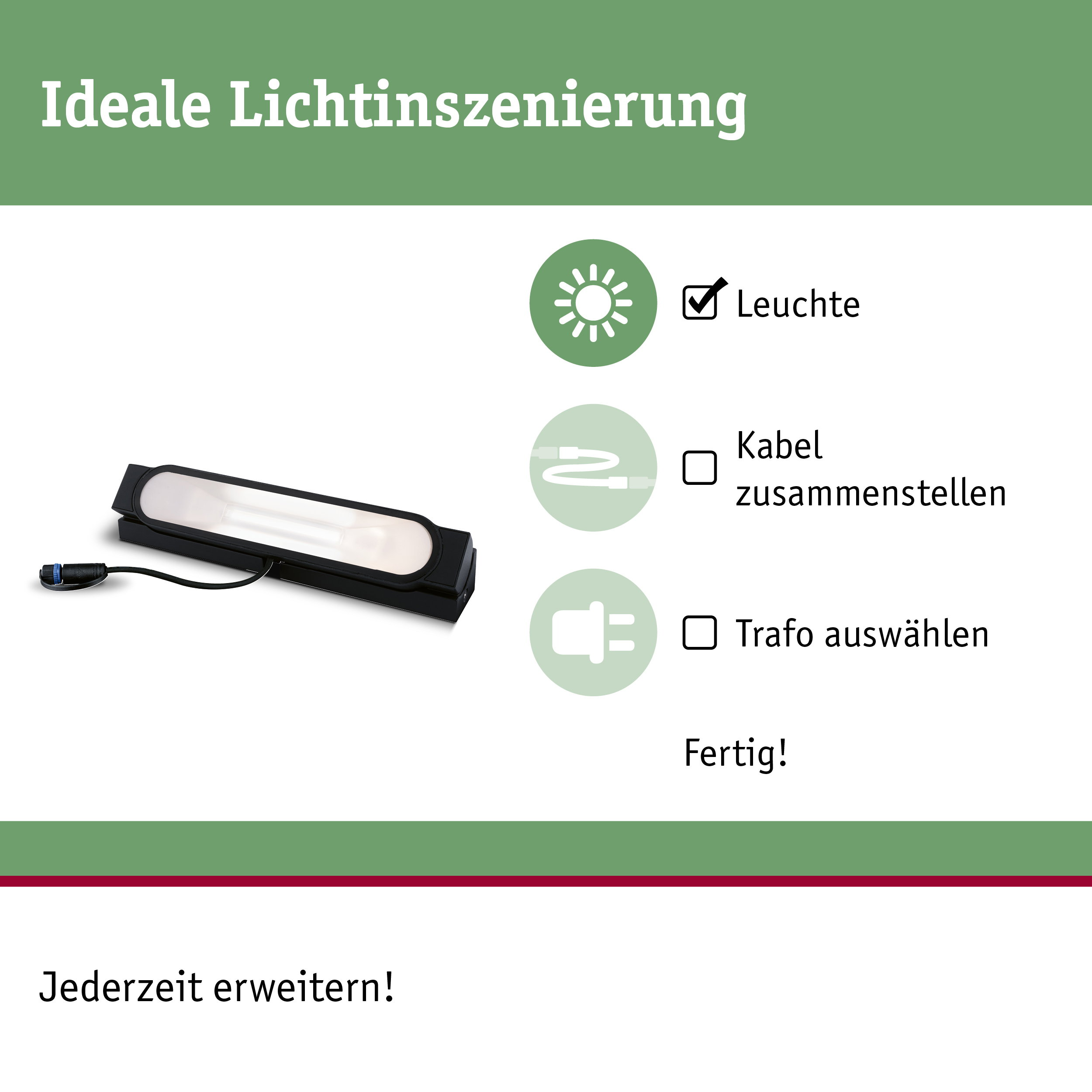 Anleitung zur Lichtinszenierung mit Leuchte, Kabel und Trafo als auswählbare Schritte.