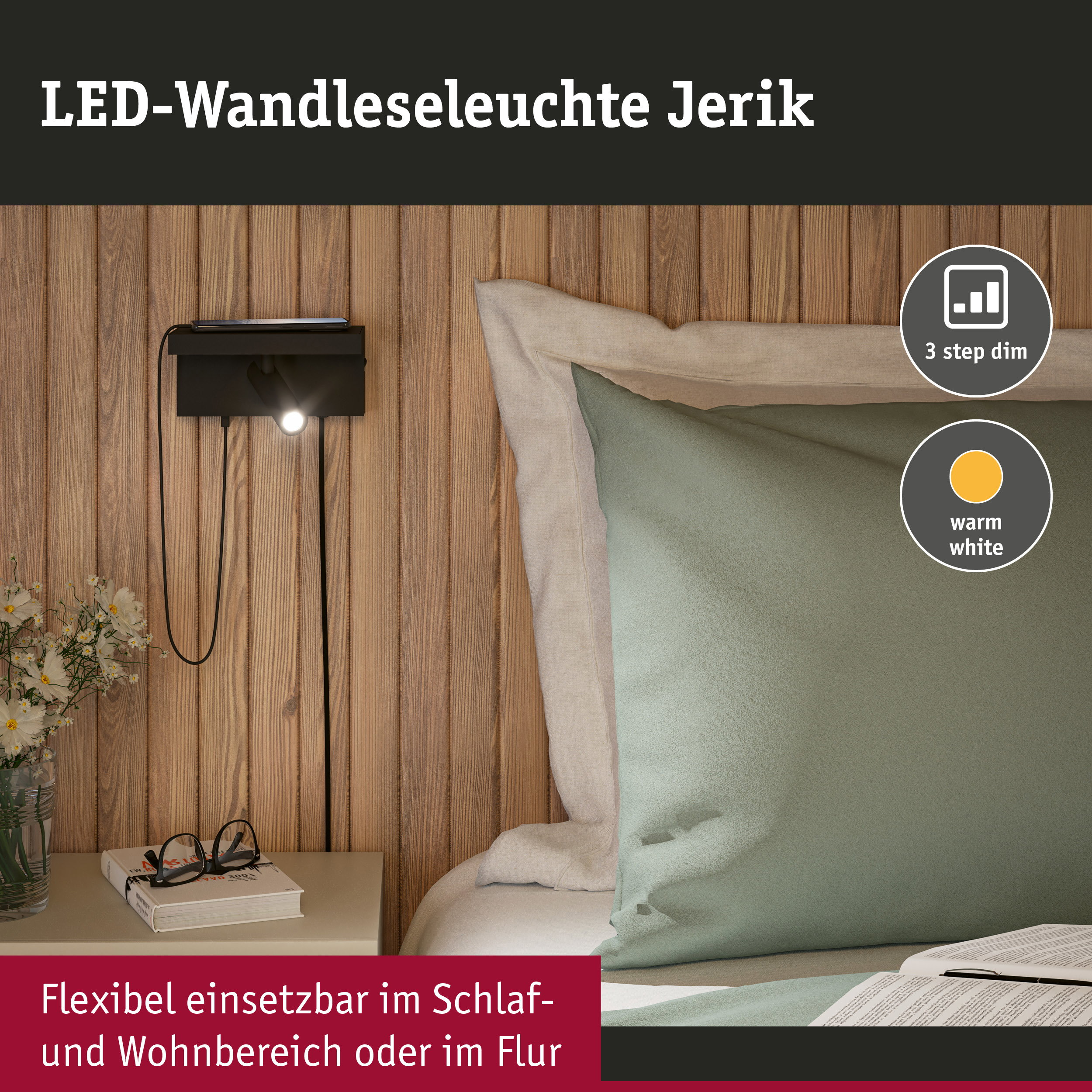 Lampada da lettura a LED nera vicino a un letto con parete in legno.