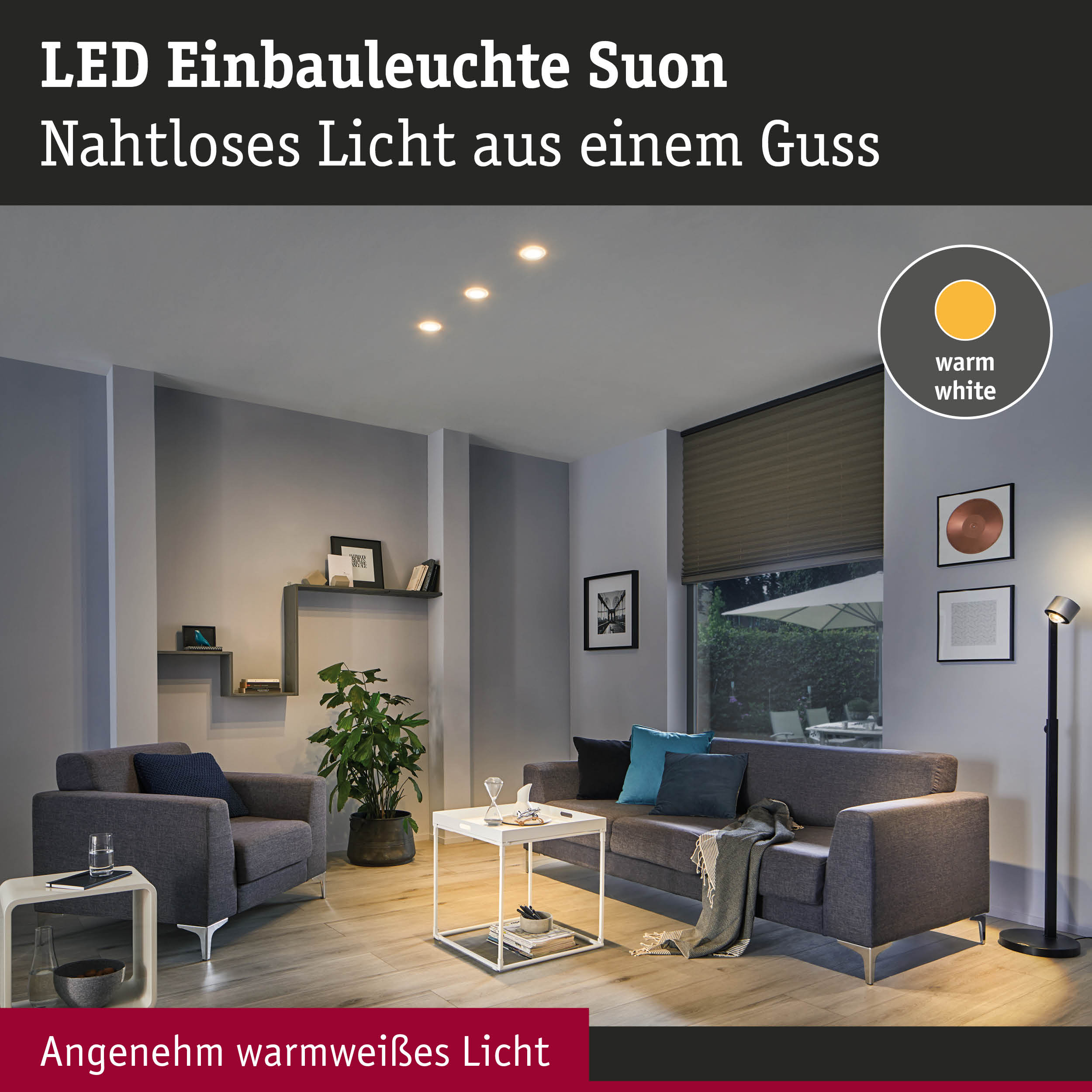 Modernes Wohnzimmer mit grauen Sofas, warmem Deckenlicht und einem grünen Topf-Pflanzen in der Ecke.